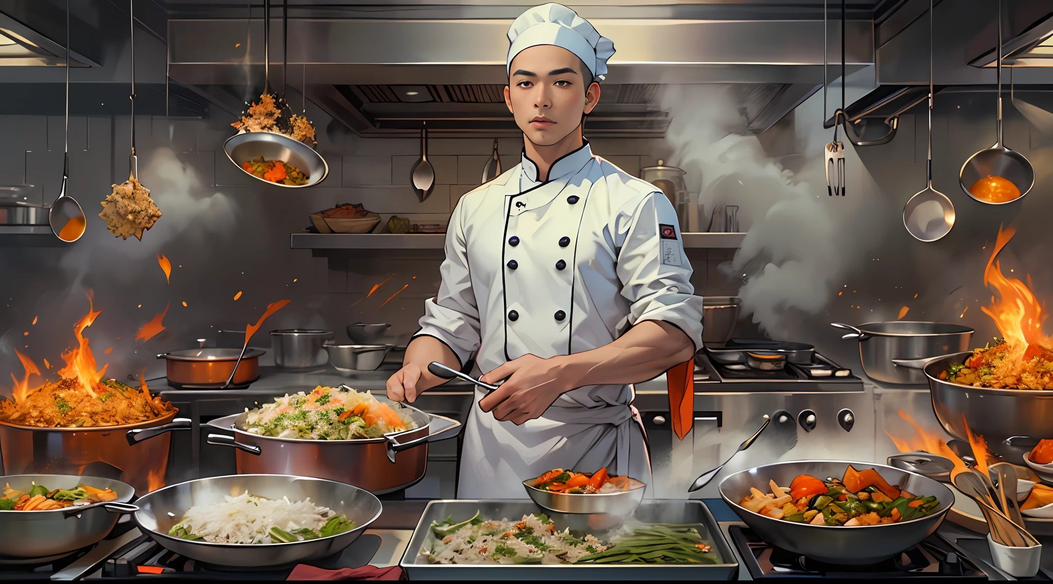 A master chef dressed in a chef's outfit, standing in the center of a large kitchen with utensils and various ingredients scattered around, flames and smoke filling the scene. His fried rice looks delicious, making everyone's mouth water. ,in the style of the stars art group xing xing, 32k, best quality, masterpiece, super detail, high details,