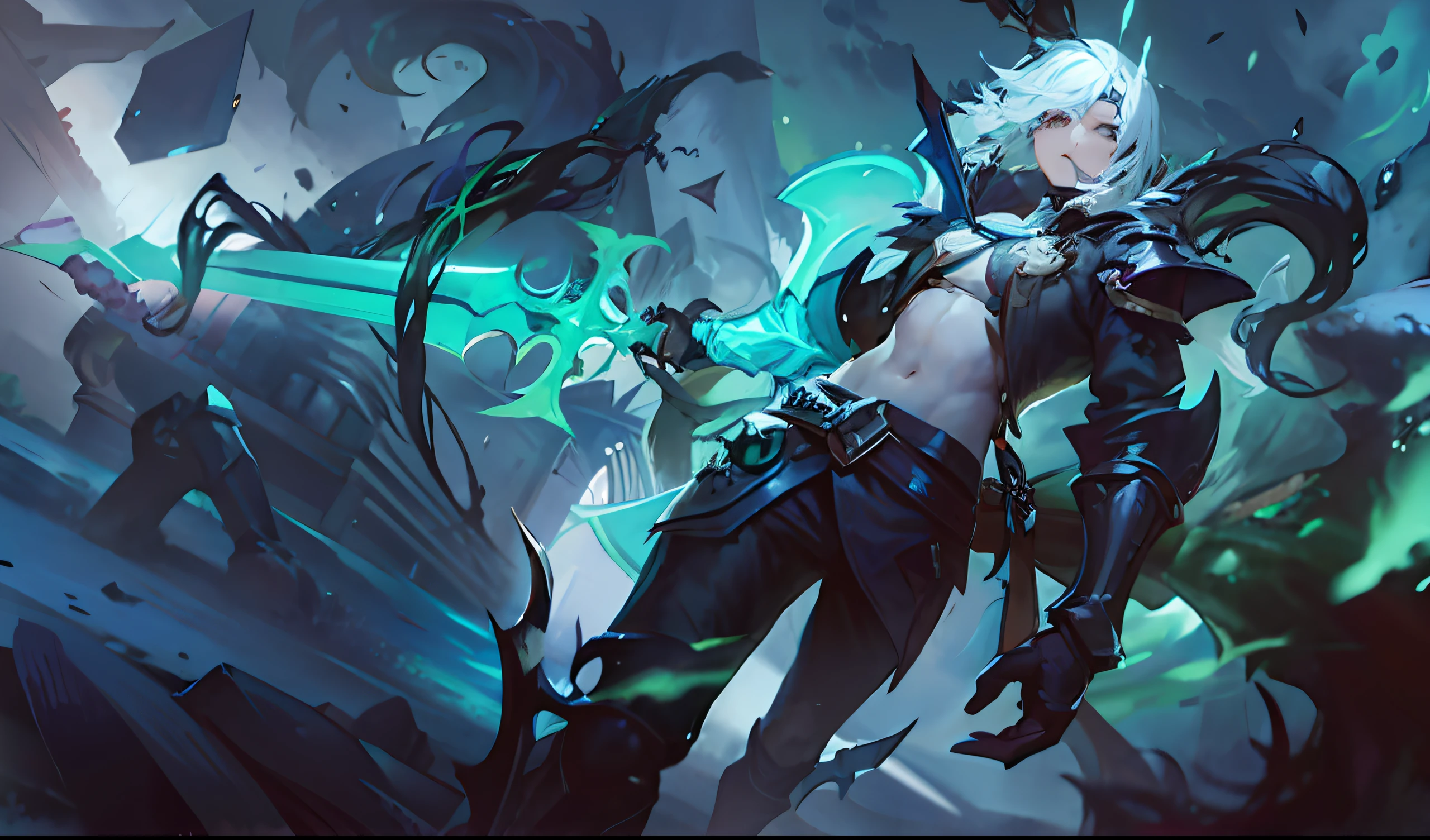 A man with a sword and a green light in his hand, amazing portrait of viego, Splash Art, 《league of legend》Foyego, by Yang J, League of Legends character, league of legends arcane, Riven, League of Legends concept art, league of legends character art, chaos nightmare ❄️ amour venom, iconic character splash art, arcane league of legends