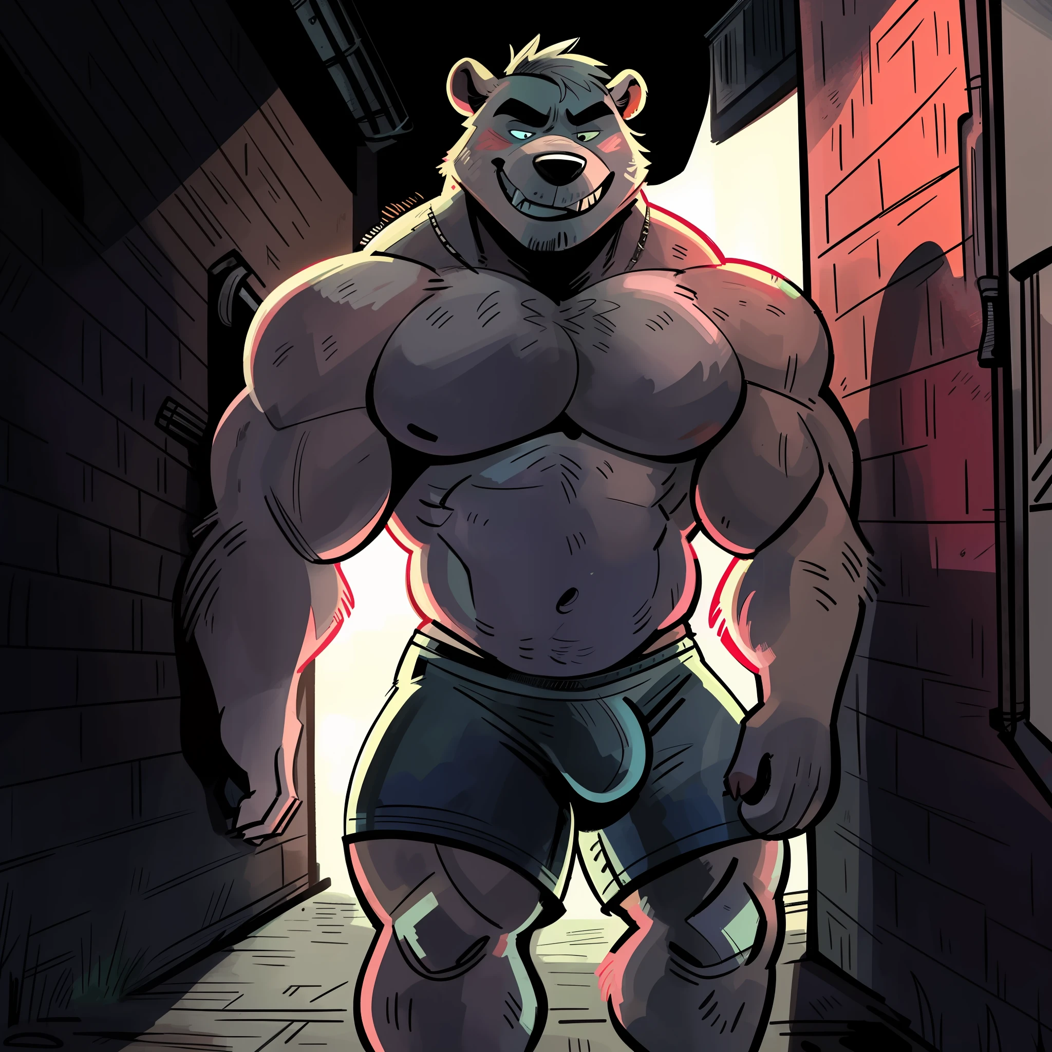 Solo, male, standing, (((by dramamine))), bulge, muscular, enormous, tall, buff, massive, big biceps, big pecs, alleyway, dramatic lighting, rape face, smirking, evil expression, polar bear