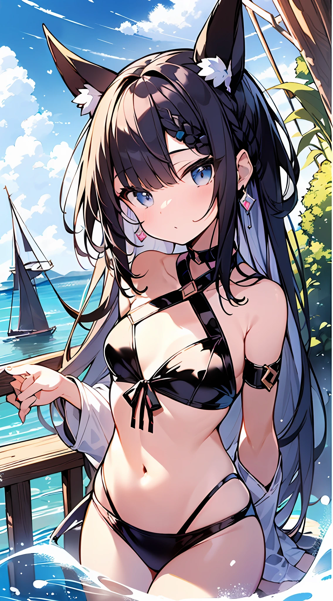 (Incredibly ridiculous absolute resolution:1.5)、hiquality、top-quality、masuter piece、Anime girl in white lily colored bikini, 魅惑的、Anime Loli, 8k Manga Wallpapers, ((small curvy loli))、 pretty anime girl,((Mare、shores))、(Semi-long hair)、(short braided hair)