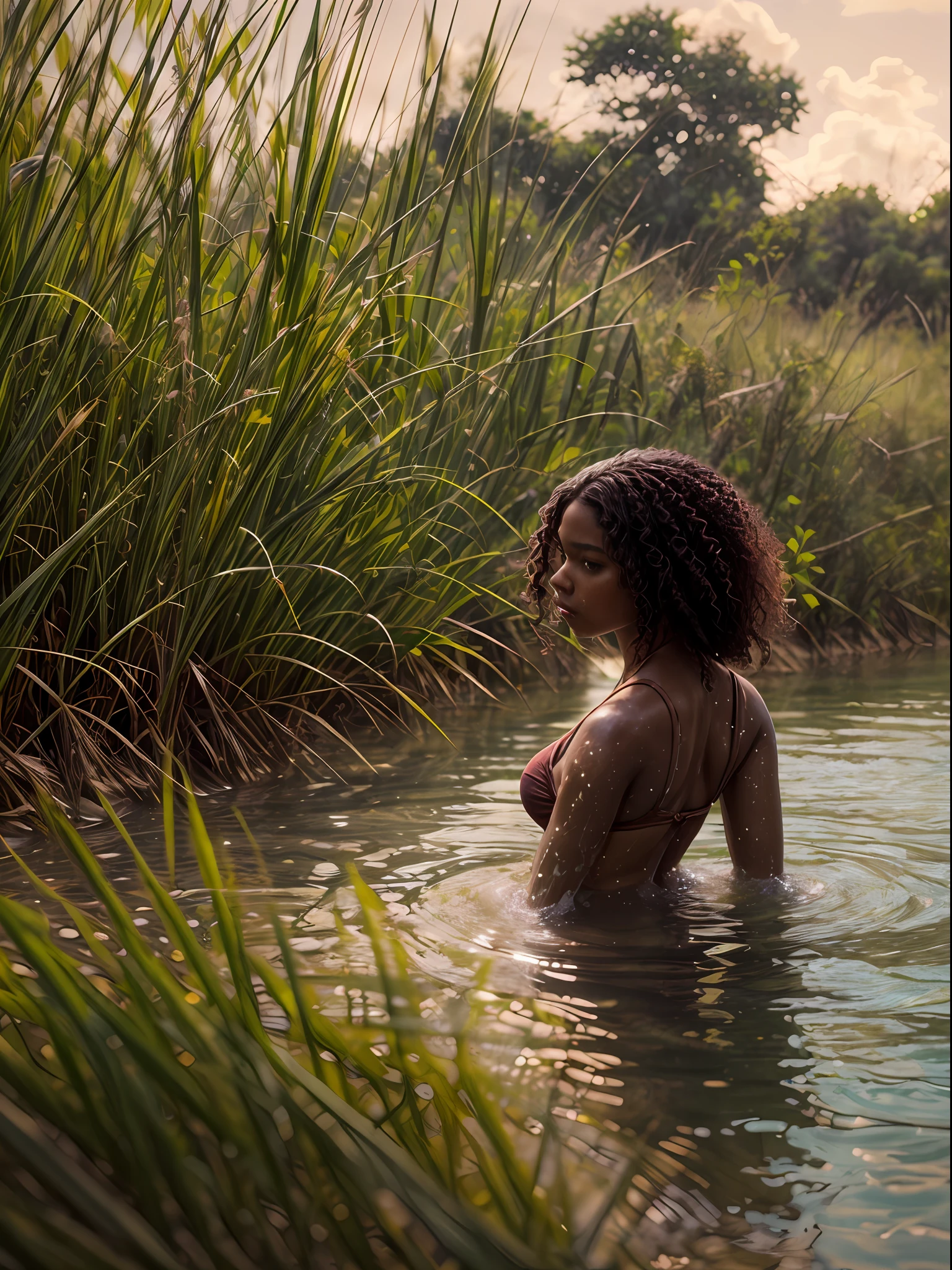 portrait of a brazilian woman waring black bikini, 18 years old. sunburnt ebony skin, (extreme long light curly hair), wavy at the height of the back, jade eyes, fluffy turned, ((big cheeks)), bathing in the natural, naked in a deep river and transparent waters, only with the head and neck out of the water, between reeds, (backlit), realistic, wearing naked_bandage brown, masterpiece, high quality, brightness, shadow, flower, [[chromatic aberration]], by Jeremy Lipking,  by Antonio J. Manzanedo, digital painting, Brazilian, 8k uhd, forest, river, wood, smoke, shadows, contrast, clear sky, back_view, photo from behind, looking_at_viewer, (warm hue, warm tone)