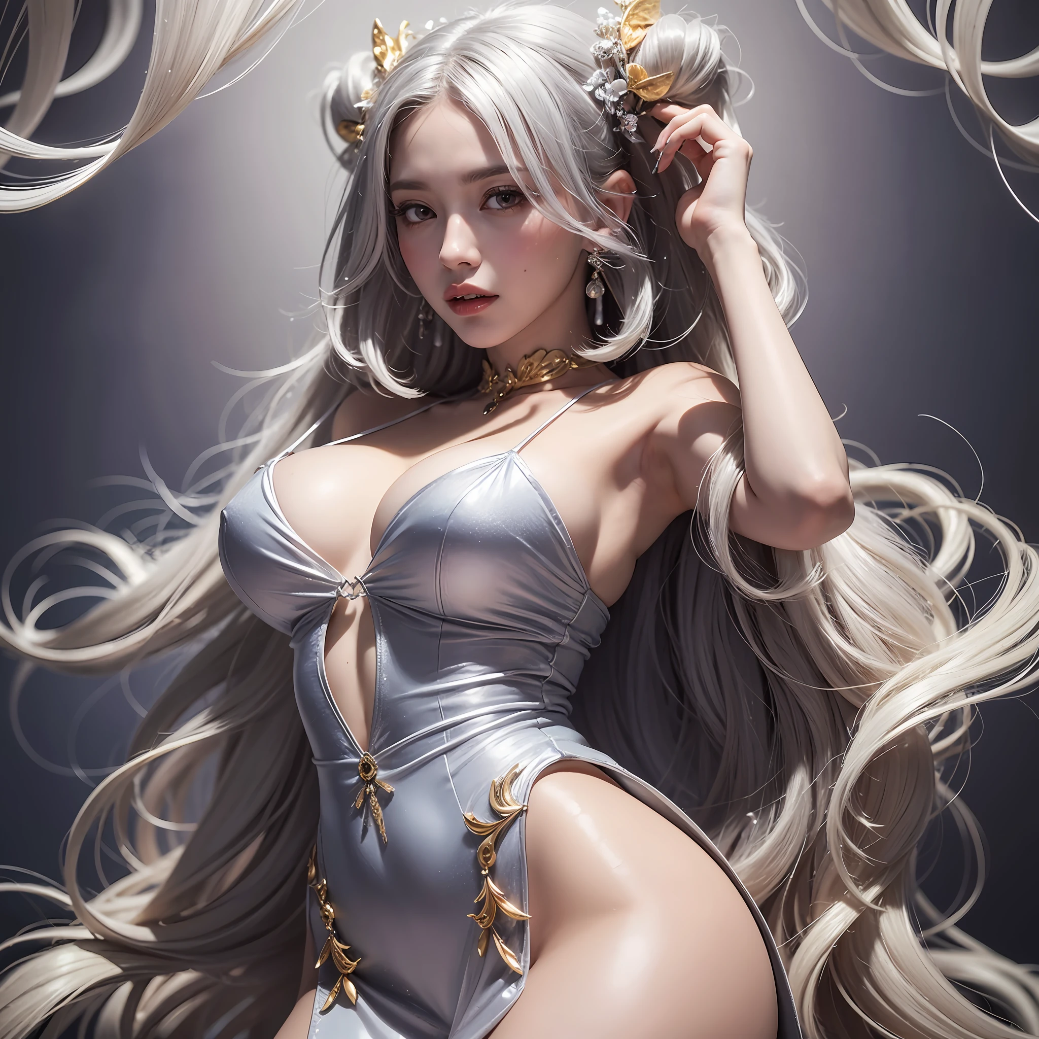 High resolution, Highest Quality, ultra-quality, Super Detail, A hyper-realistic, Photorealistic, Portrait, super cute woman, Flowing layered messy silver short bob, Big, shining golden eyes, Mysterious, Enchanting, Seductive moist lips, Huge breasts, great proportion, perfectly proportions, slender, Full body, White mini cami dress with floral wide open chest