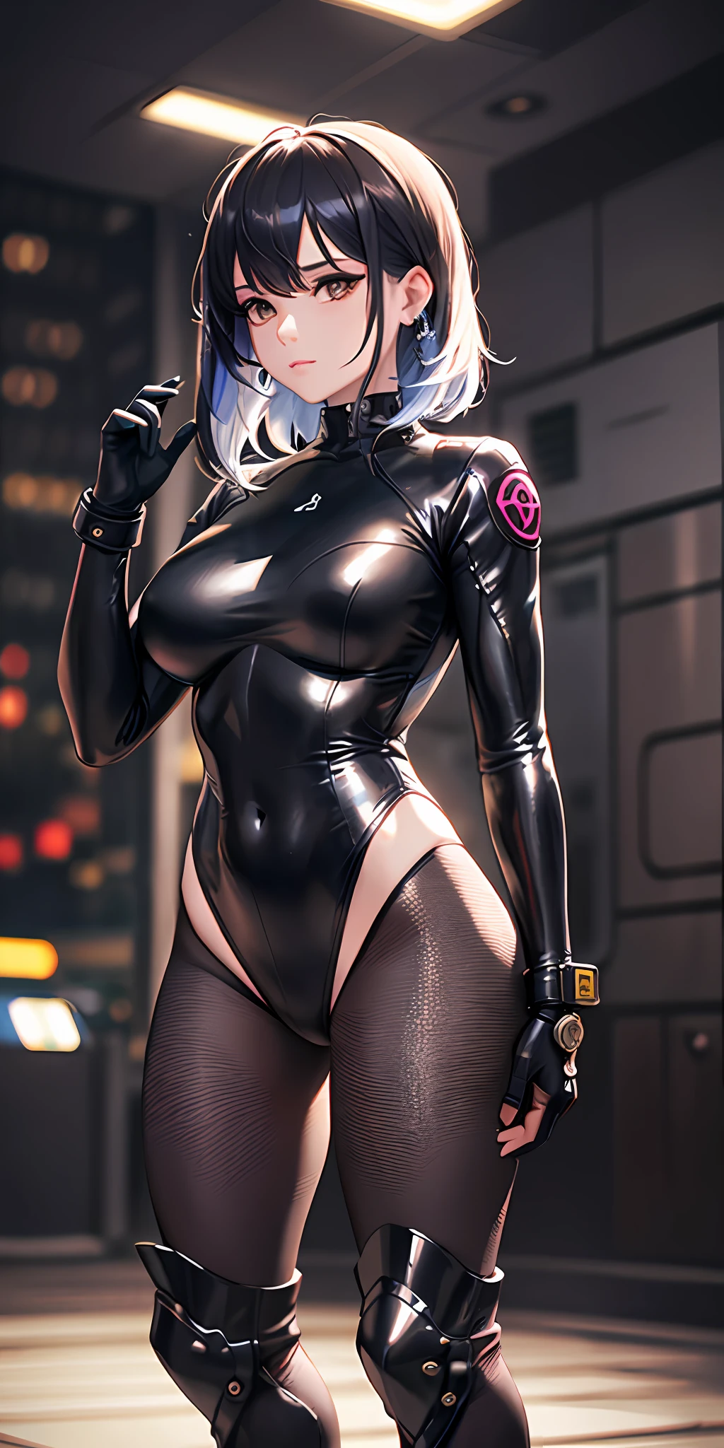 1girll, future warrior,cabelos preto e longos,flowy,crisp ,Toned Thighs,Tattooed with,Chest bumps,Black combat gear is worn on his head,Black tight-fitting one-piece leather jacket throughout,Black boots,There are round metal rings at the wrists and ankles,epcot,Cyberpunk Building,Detailed background,Clothing details,perfectly proportioned, Cinematic lighting, filmgrain, Fuji colors, lightand shade contrast, 8K, 巨作, Textured skin, Super detail, high detal, high qulity, A high resolution,