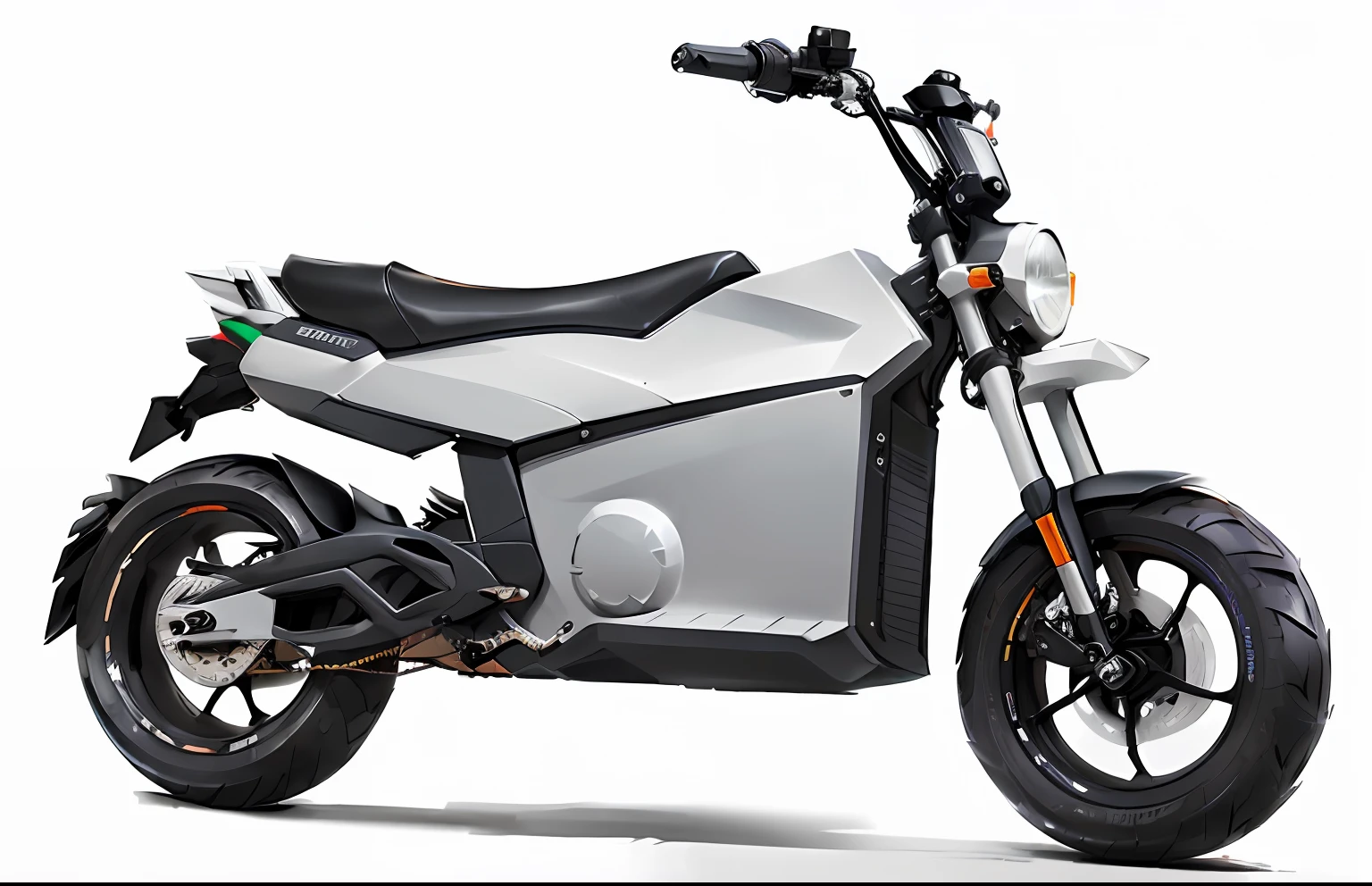 Close up of electric motorcycle with black tires and white background, Sharp and dangerous stylish design, slick design, SleekDesign, sharp render, Dark. 🕹️ 😎 🔫 🤖 🚬, sharply detailed, tar - like, custom scooter, Moped, vibrant contrast, minimal sleek design armor style, vibrant contrast