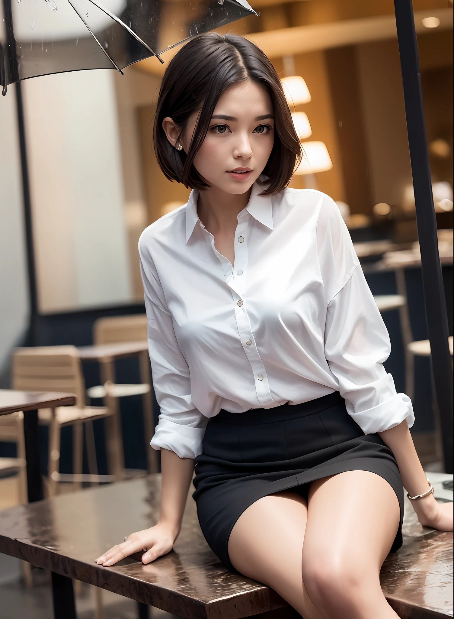 (8k, Best Quality, Masterpiece: 1.2), (Realistic, Photorealistic: 1.37), Super Detailed, 1 Girl, Cute, Alone, Beautiful Detailed Sky, Detailed Cafe, Night, Sitting, Date, ( Nose blush), (smile: 1.15), (close mouth) small breasts, beautiful details, (collared shirt: 1.1), night, wet, business wear, rain, white lace, (short hair: 1.2), floating Hair NovaFrogStyle,