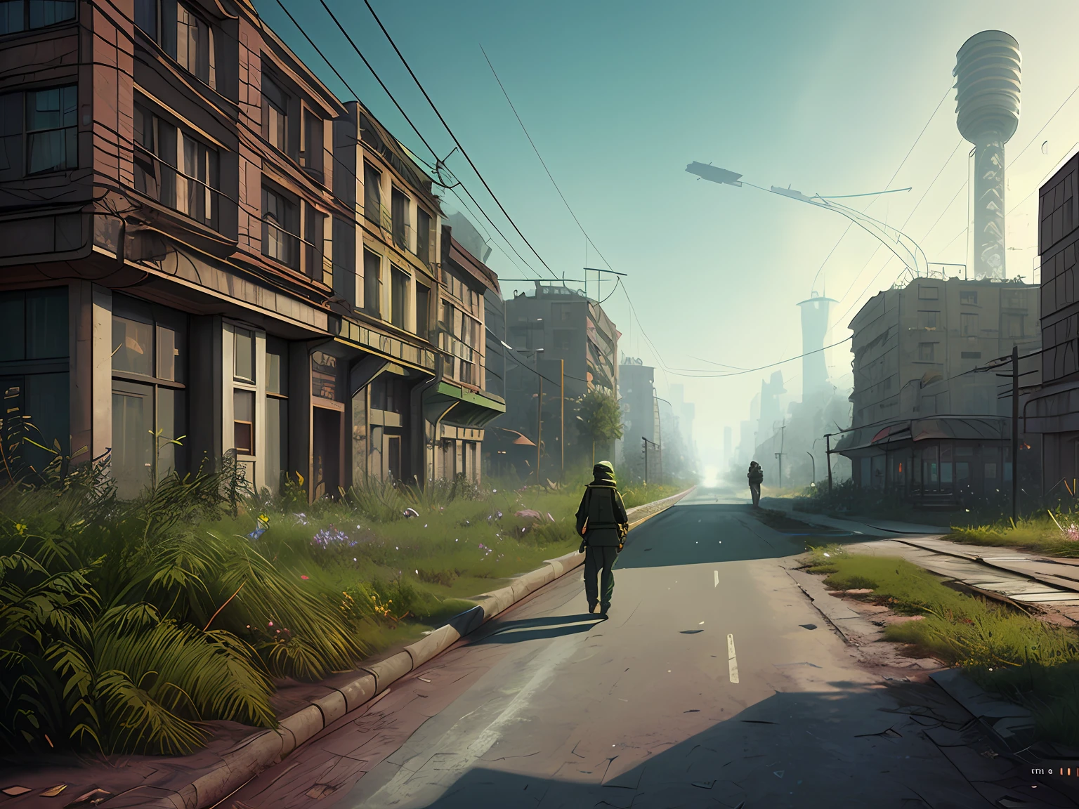 street of the Soviet Union, Abandoned city, Buildings overgrown with greenery, letho, dawning, 4k, wallpapers, science-fiction, illumination, Concept art and environmental design, цифровое 3D, Character Modeling, 3D, realistness, textures, computer graphics, ENVIRONMENT, ((Simon Stalenhag)), concept, Environmental concept and amplifier design, science-fiction