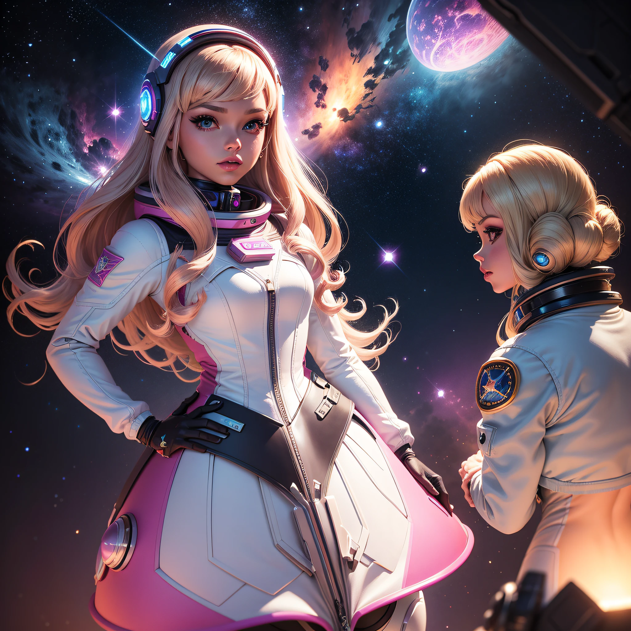 Barbie space explorer" Embark on a cosmic journey as Barbie transforms into an intrepid astronaut, exploring the mysteries of space. Vestindo um traje espacial futurista, ela flutua graciosamente em um ambiente leve, cercada por estrelas e maravilhas celestiais. --auto