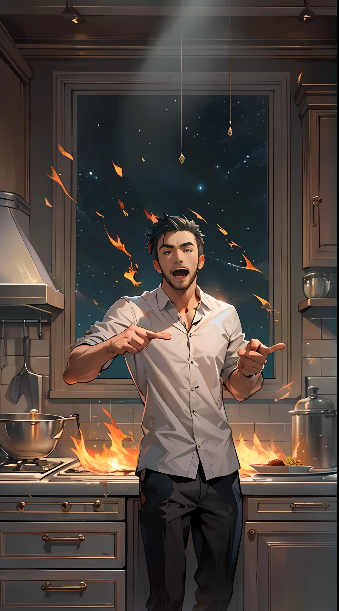 A tall, handsome man stands in the kitchen, with a surprised expression and his mouth wide open. He points at the dancing flame, his eyes filled with astonishment and envy.,in the style of the stars art group xing xing, 32k, best quality, masterpiece, super detail, high details