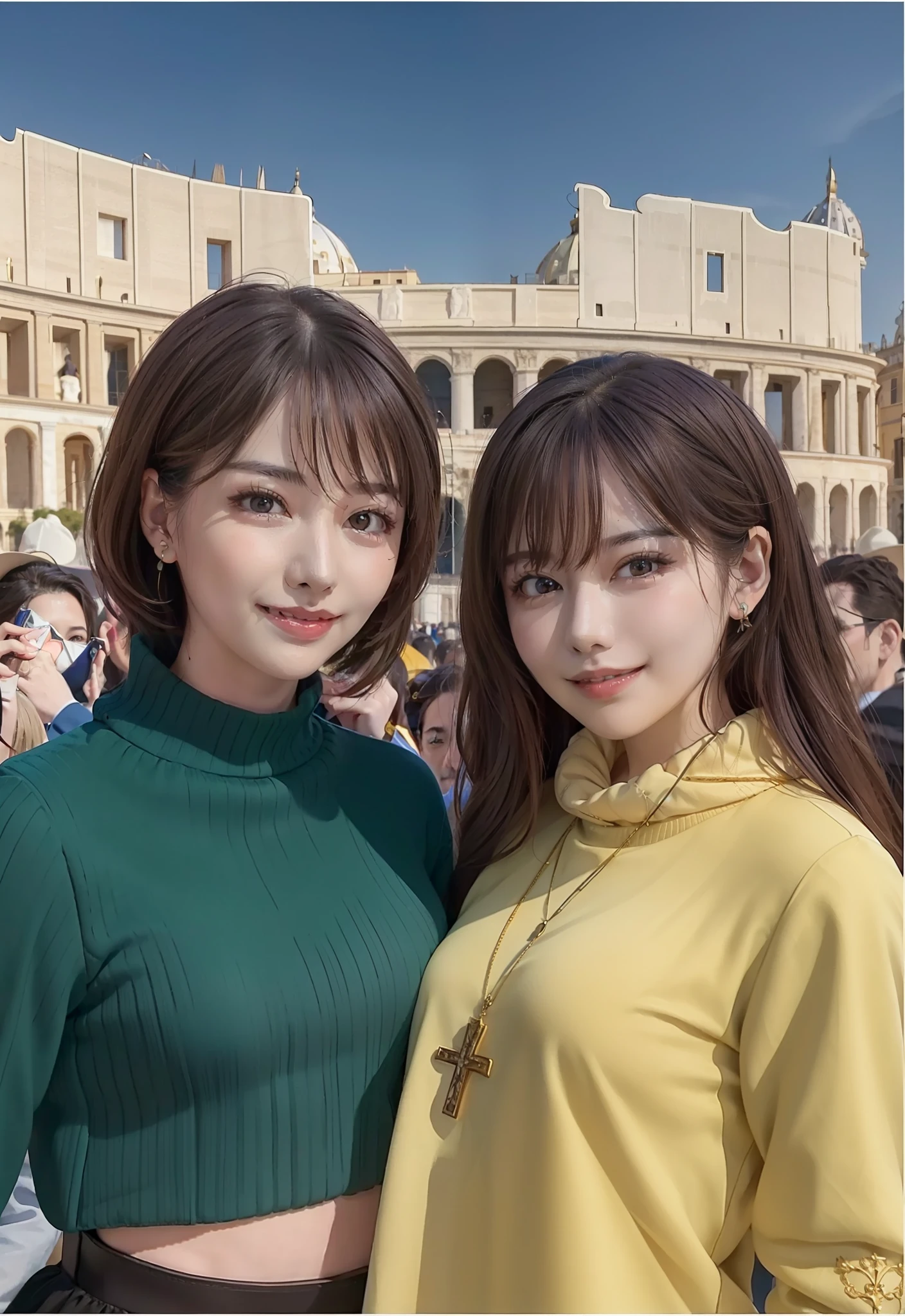 masterpiece, 4K, best quality, FELute, necklace, purple dress, (on the St. Peter's Square of Vatican,crowd,navel),bracers, cowboy shot, looking at viewer, smirk, hand up