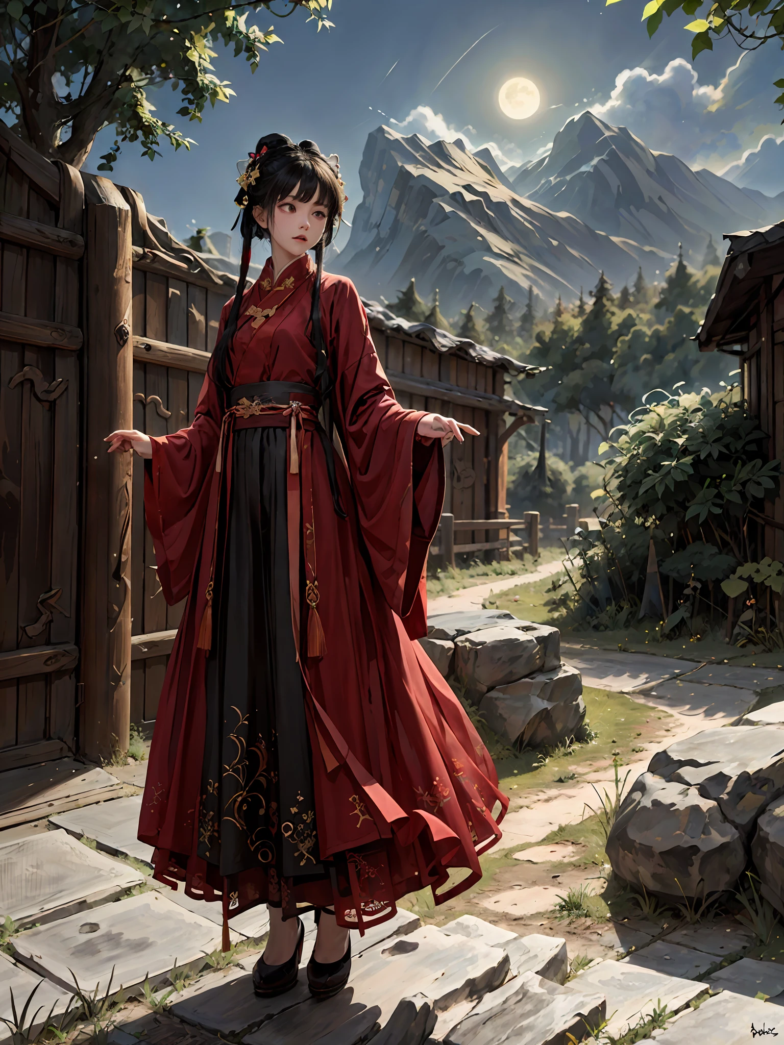 absurdres, highres, ultra detailed, (1girl:1.3), hand drawn, simple line,  girl in red color Chinese Hanfu , masterpiece, stand at cliff, moon light, night time,