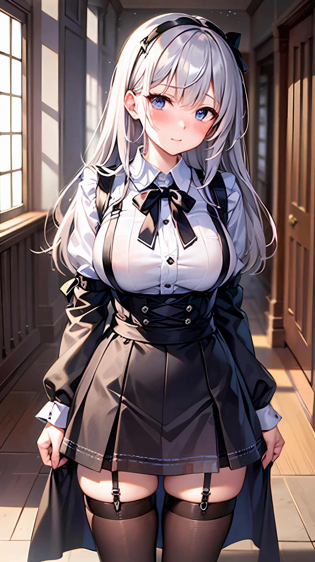 {Best Quality}, {ultra-detailliert}, {very detailed illustration}, silber hair, Aimei, embarrassed from，breastsout，Suspender Skirt，red blush，Black tie，Be undress，suspenders、skirt by the、Casual clothing，Maids