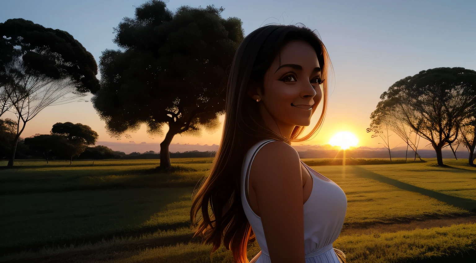 garota feliz e morena perto da tela, atras tem um por do sol e arvores