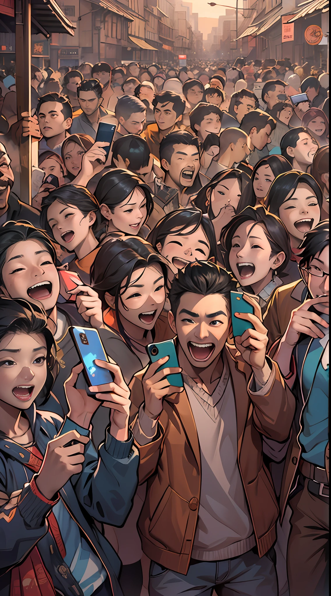 A crowd of people gathering in a square, excitedly whispering to each other, their expressions filled with surprise and envy. They raise their phones to take pictures, wanting to capture this amazing moment.,in the style of the stars art group xing xing, 32k, best quality, masterpiece, super detail, high details,