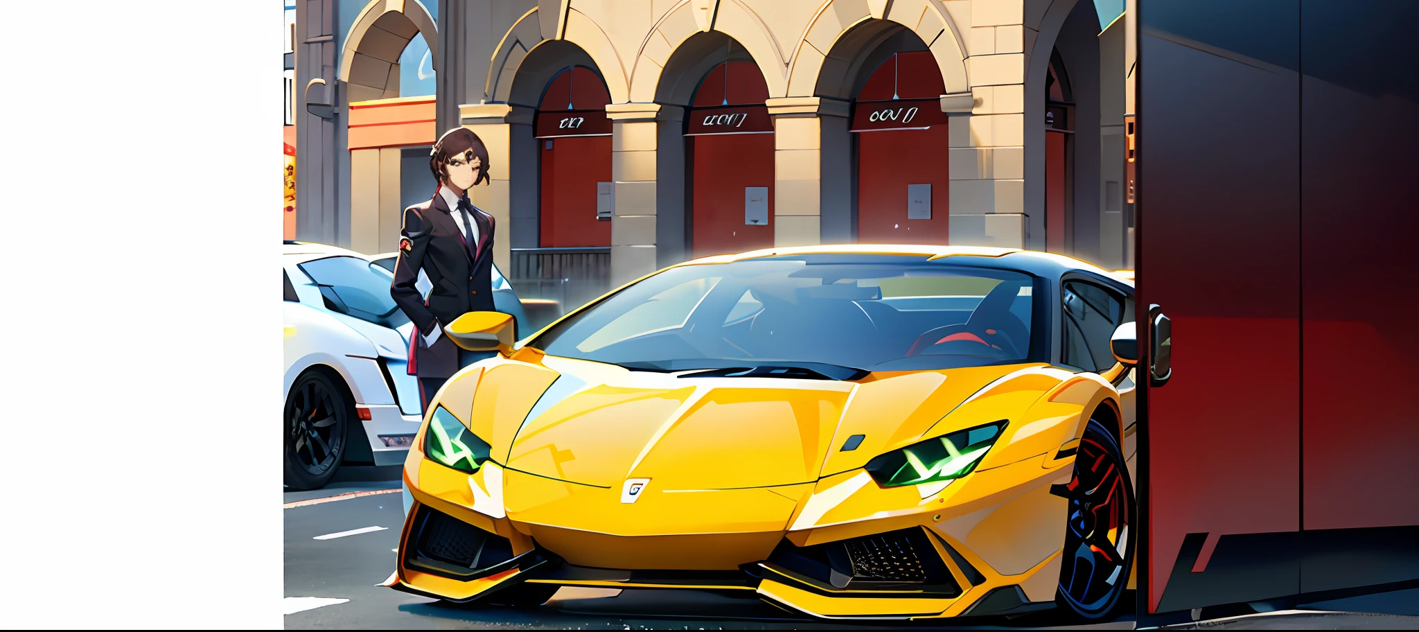 Close-up of the yellow lamb cart parked in front of the building, miura kentaro style, gta artstyle, kentaro miura art style, art deco outrun anime aesthestic, GTA V artwork style, Praise Artstyle, style of anime4 K, High Quality Anime Art Style, bold lamborghini style, Anime style. 8K