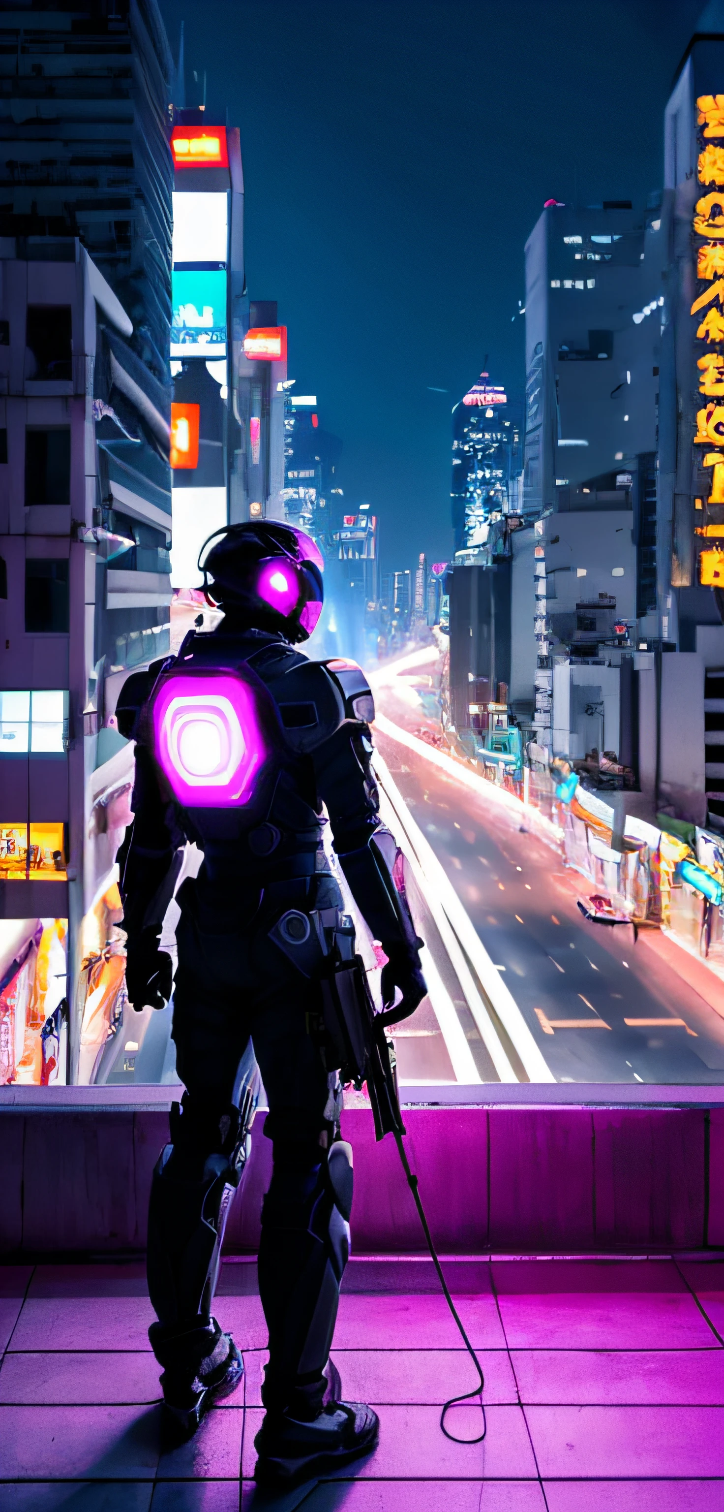 （非常详细的CG Unity 8k壁纸），（The best lighting，The best shades，extremely refined and beautiful），neon colors（super hero），Fly in a dynamic pose，（The blue：1.2+pinks：1.2pai+purple color：1.2）Hair glows in the dark，full body showing，（Glowing suit），Neon lights and vibrant flashes，city skyline in the background，（length shot），（guangjiao）。bobed hair ，-haired woman with a gun on the back，from the back, Lying on the roof，full-body shooting，Take a sniper rifle and aim ahead，Cyberpunk mecha，