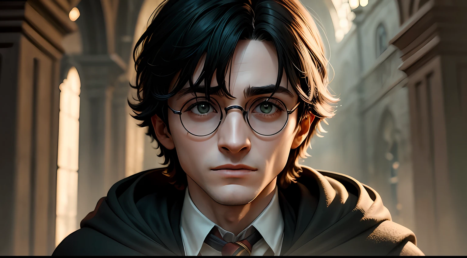 Harry Potter, cicatriz em forma de raio na testa, magro, olhos extremamente verdes, cabelos pretos, cinemactic, closeup, day in the morning, day lighting --auto