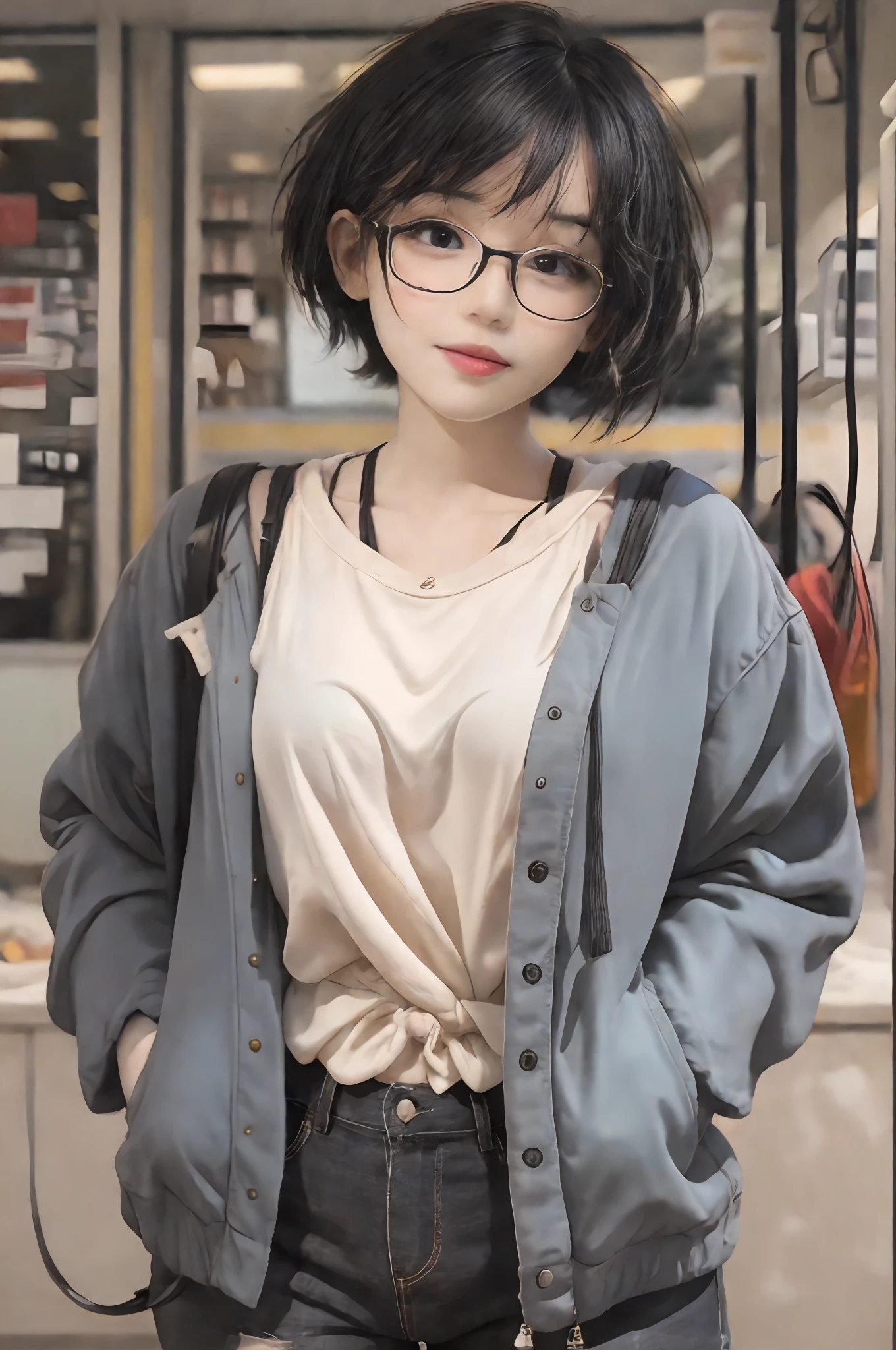 Woman with short unisex hair! Beautiful, very cute and fair! , black hair, young, very cute, glasses!, slightly fat, cute, baby fat!! , two-dimensional, a little colored, shy, short hair, short hair!! Childish, erotica, glasses, plump and sexy