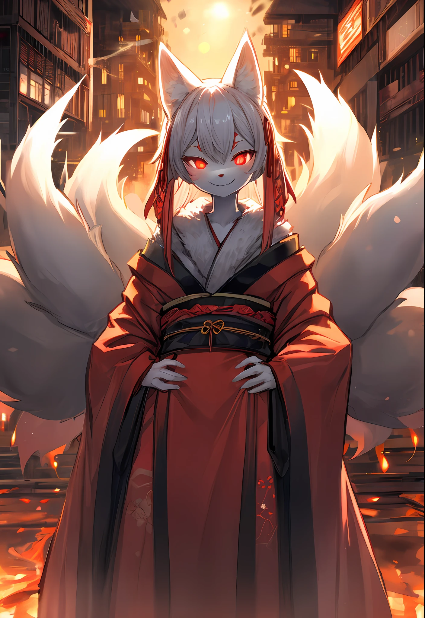 a furry、White Fox Girl、((Glowing red eyes))、((9 tails))、Lustrous smile、Luxurious Japan kimono、Burning buildings、Put your hands on your hips、professional lighting