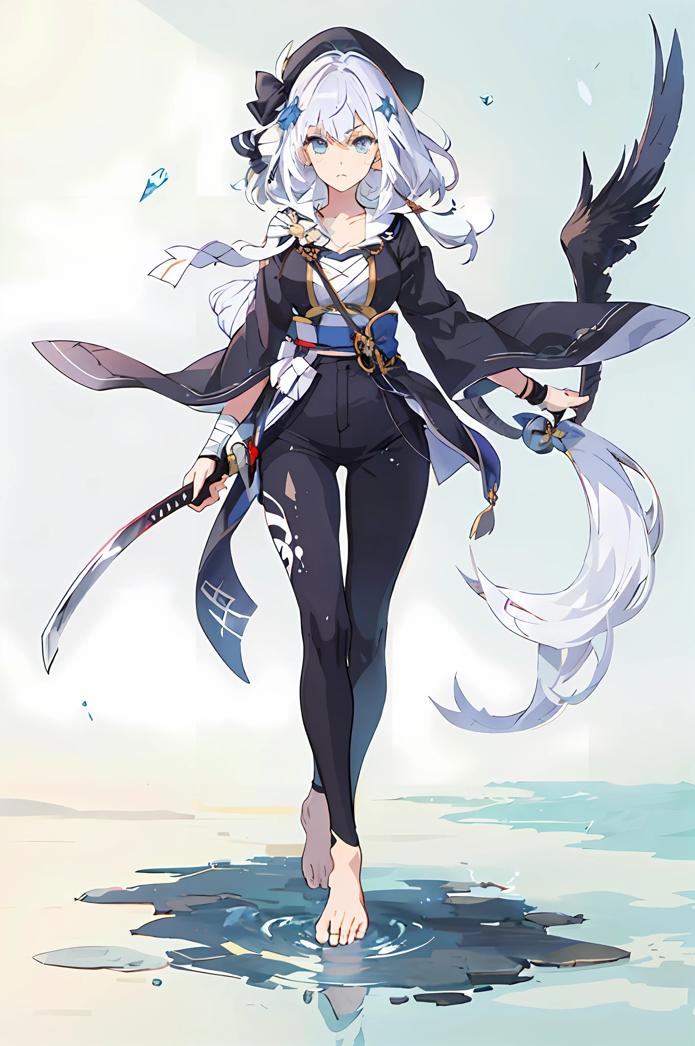 White-headed girl，komono，Blue eyes，The barefoot，White straight hair，Bandages，Dignified and elegant，Anime face，Splash blade，katana swords，Surrounded by wind，Leggings，Water streak background，Bow pulling pose，Blue gemstone bow，Black pants，Large round cap，Raven style