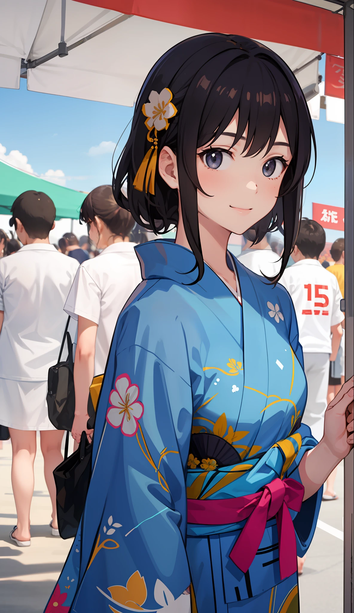 1girl in、A smile、Summer festival、skyrocket、Wearing a yukata、（Upper body portrait）、