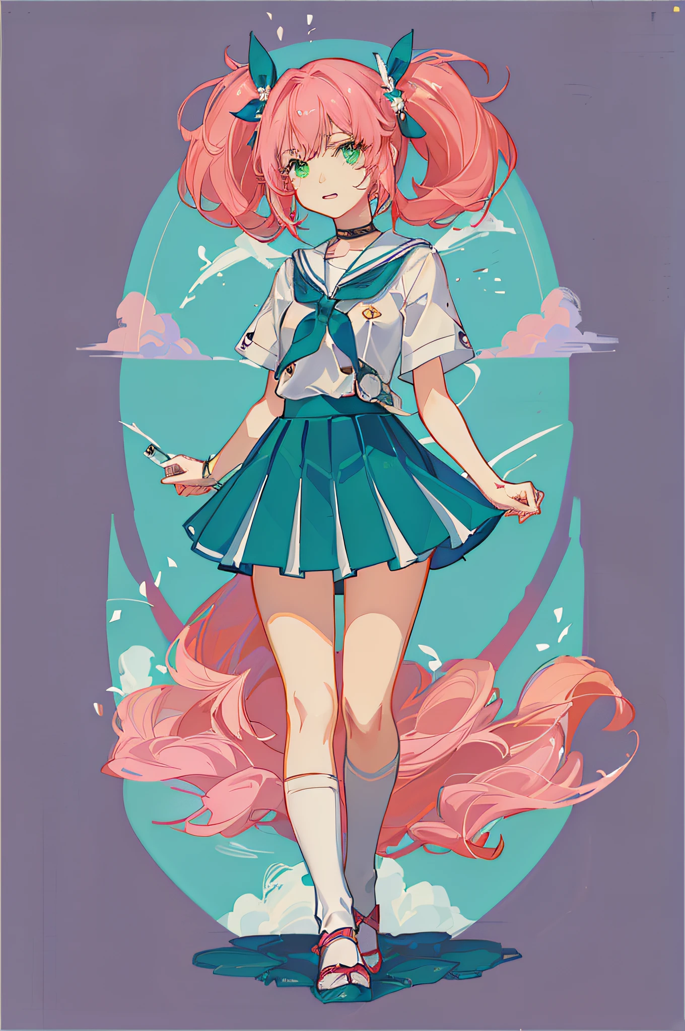 Anime girl with pink hair and green skirt standing in front of a blue background, the sailor jupiter. Beautiful, retrato de corpo inteiro de um curto!, anime full body illustration, estilo anime plano, Marin Kitagawa Fanart, estilo de arte anime, illustration Anime style, personagem estilo anime, Estilo de arte anime bonito, em estilo anime, estilo de arte de anime, Demon Slayer rui fanart