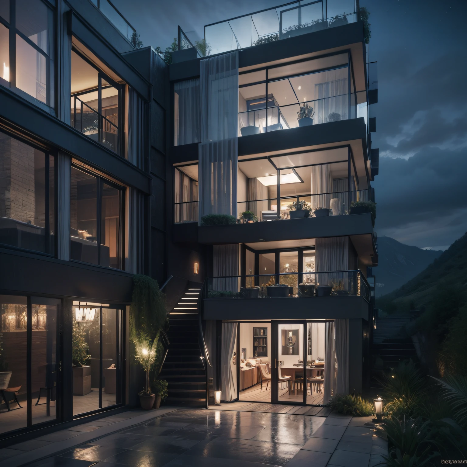 The Glass House, Two floors, Large living room with modern and cozy décor, Upstairs Rooms, Gorgeous surreal bathroom, stairs with plants and columns in the room, Location in the mountains, Beautiful view of the city, nightfall, Luxury cars on the doorstep, 8K, hiquality, Surrealist,  beste-Qualit
