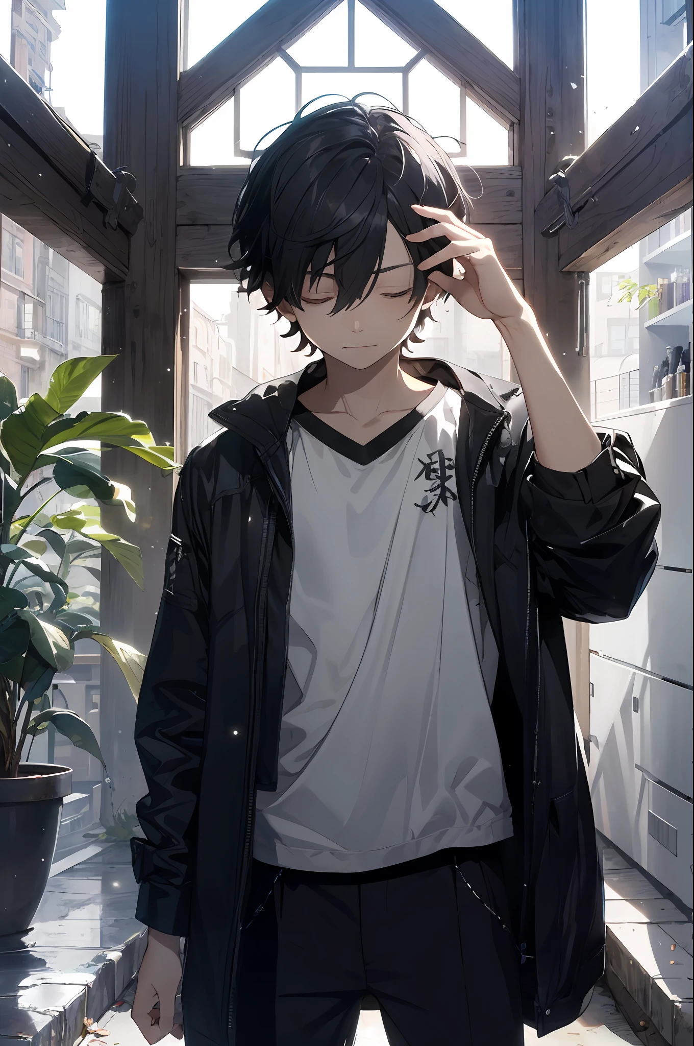 Scene interior，The boy closed his eyes。
shot of：Medium view
description：The protagonist closes his eyes，Gently press your forehead with your hand，Symbolizes inner confusion and pain