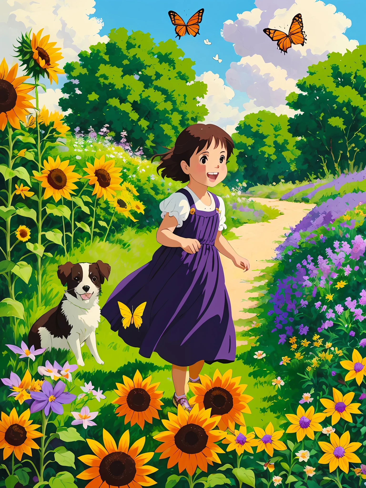 Close-up purple flowers,Yellow sunflower in the distance,夏天,baiyun,1 girl in orange long dress fluttering butterflies,Innocent and adorable,Laugh happily,1 dog running happily,Model shooting style,(非常详细的 CG 统一 8k 壁纸),Full body photo of the most beautiful artwork in the world,Waterhouse、John Constable、Ed Blinkey、Atey Ghailan、by Ghibli Studio、Jeremy's professional majestic impressionist oil painting Mann,Greg Manchess,Antonio Moro,trendding on artstation, CGSociety on the trend, 复杂,high detal,dramatics,trendding on artstation, Trends on the CG Association,anime scene,scenecy,夏天,baiyun,purple flower,high detal,hyper-detailing,超高分辨率,,Lots of small animals,cheerfulness,having fun,Enjoy their time,surrounded by nature's beauty,warm sun sprinkling on her,wildflowers gently swaying in the breeze,Butterflies and birds flutter around her,It adds to the playful atmosphere,high detal,