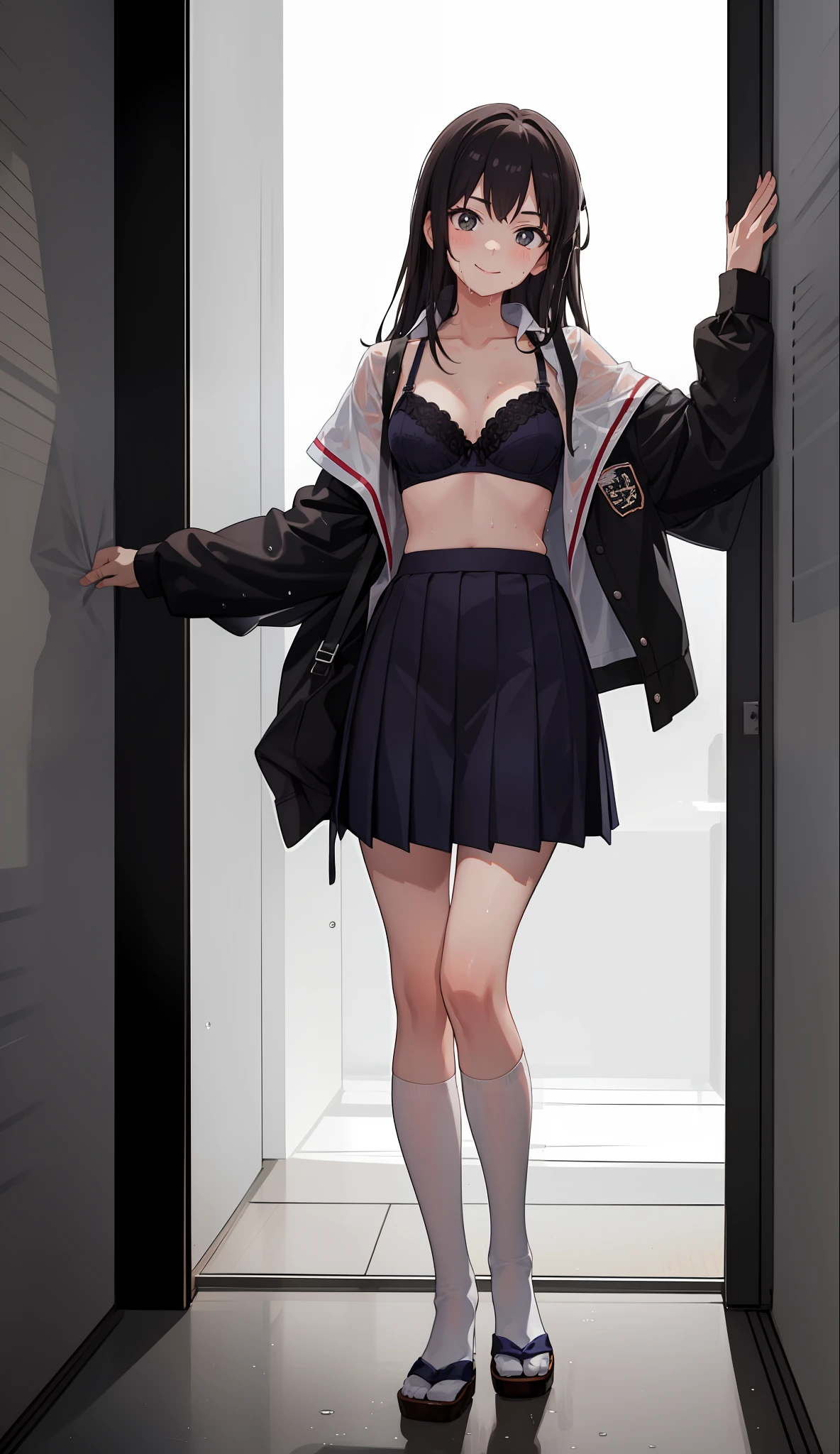 1 girl, smile, shirt, skirt, (small) chiralism, Japan high school school uniform, seravuk, summer clothes, squall-wet uniform, sheer bra, (portrait from knee up),