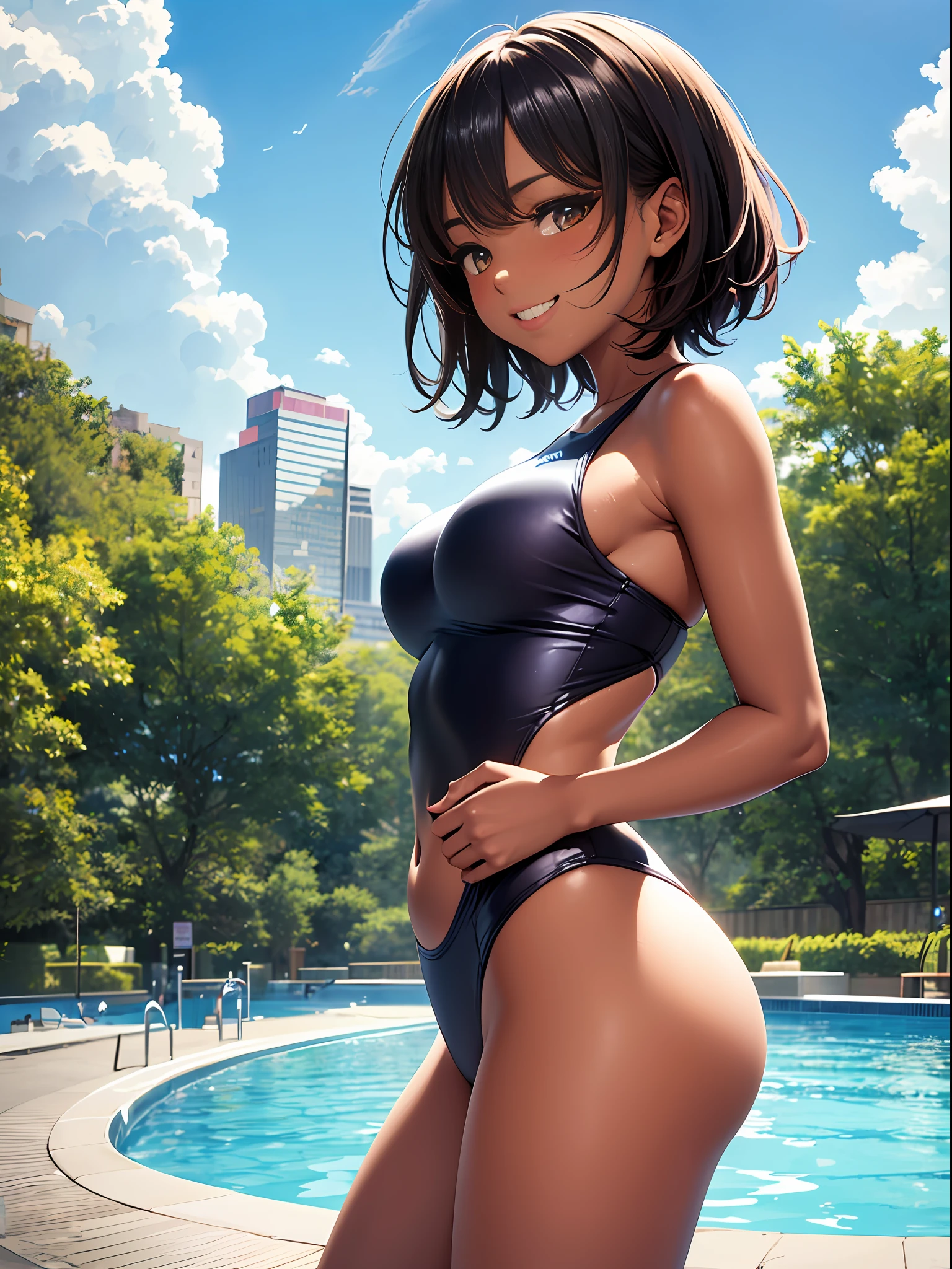 masterpiece、ultra-quality、ultra-detailliert、Perfect drawing、Solo、girl with、((Cute swimsuit))、Competitive swimsuit((High leg cut:1.5))、(round and big buttocks)、((Pose with buttocks sticking out))、(((bulging bust top)))、red blush:(0.2)、perspiring、(darkskin:1.5)、(Cute smile)、18year old、blue-sky、cumulonimbus clouds、glowing sun、Swimming pool、(Shot from diagonally below the back)、beatiful backgrounds、Accurate drawing、Detailed drawing