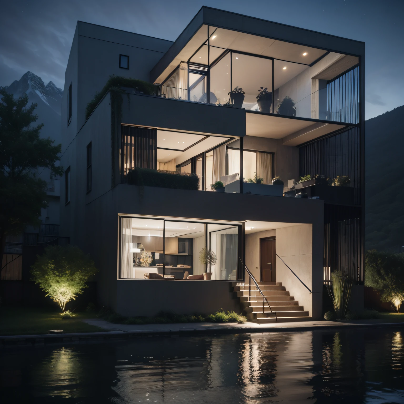 The Glass House, Two floors, Large living room with modern and cozy décor, Upstairs Rooms, Gorgeous surreal bathroom, stairs with plants and columns in the room, Location in the mountains, Beautiful view of the city, nightfall, Luxury cars on the doorstep, 8K, hiquality, Surrealist, beste-Qualit