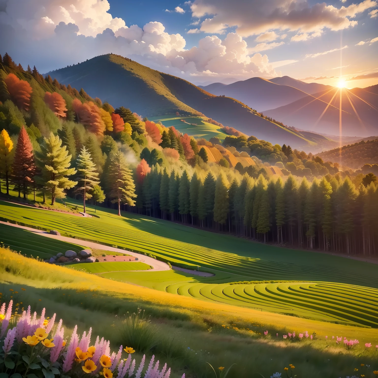 Beautiful rolling hillside,Red horse tasseled flowers bloom on it,The morning sun rises