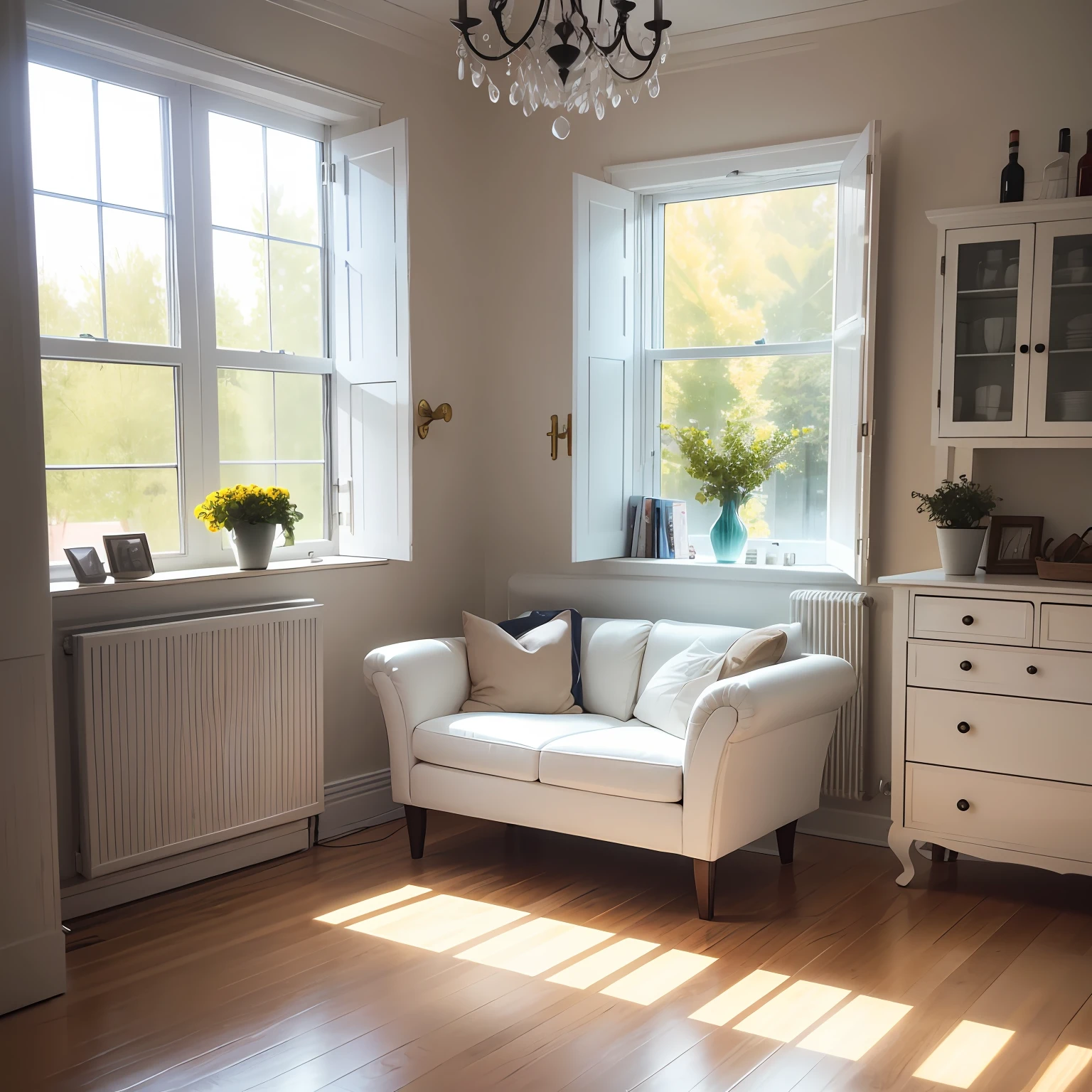 There was a bottle of milk，European and American furniture，Modern renovated interior，Light enters the room, which is very beautiful and bright
