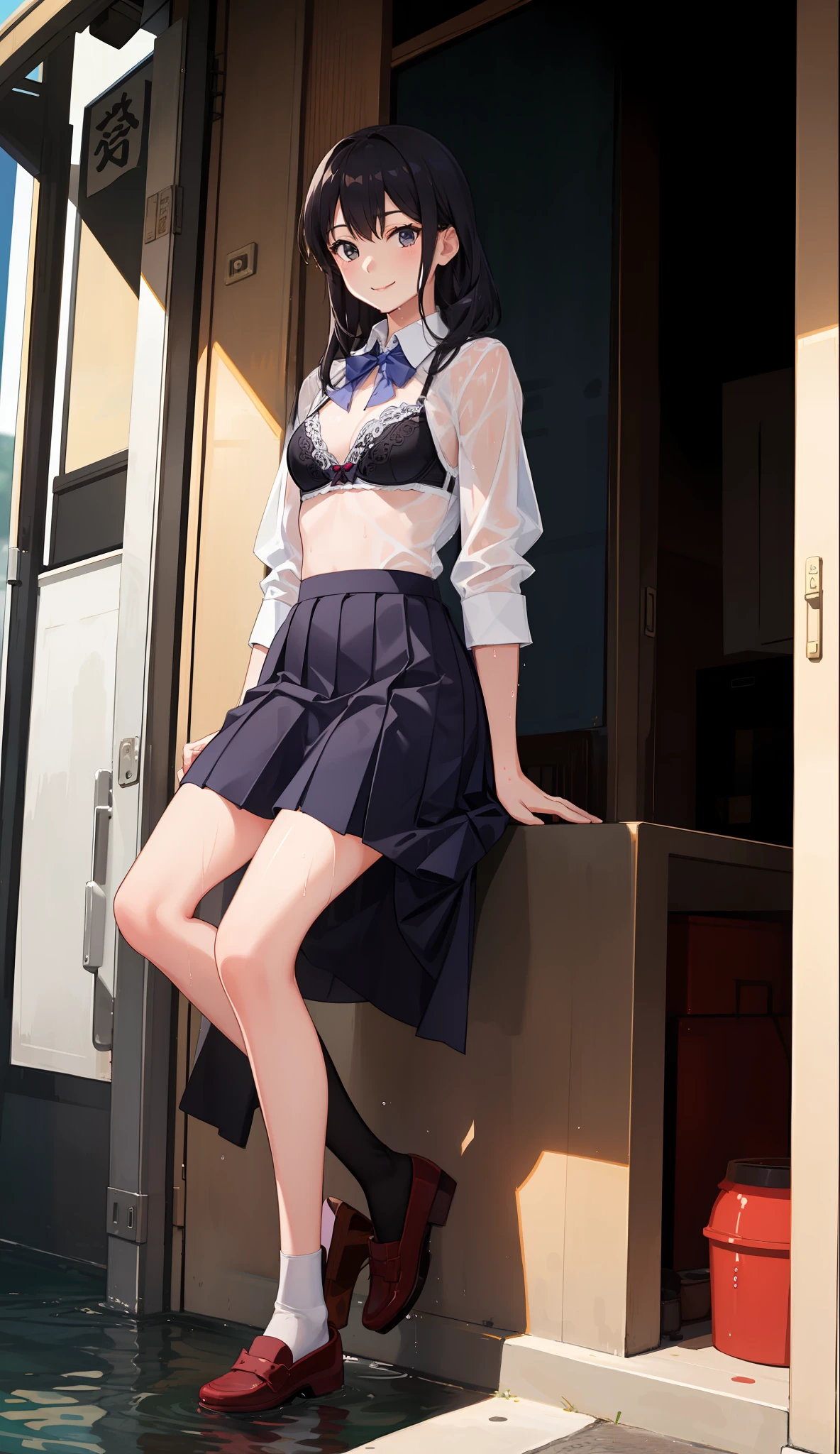 1 girl, smile, shirt, skirt, (small) chiralism, Japan high school school uniform, seravuk, summer clothes, squall-wet uniform, sheer bra, (portrait from knee up),