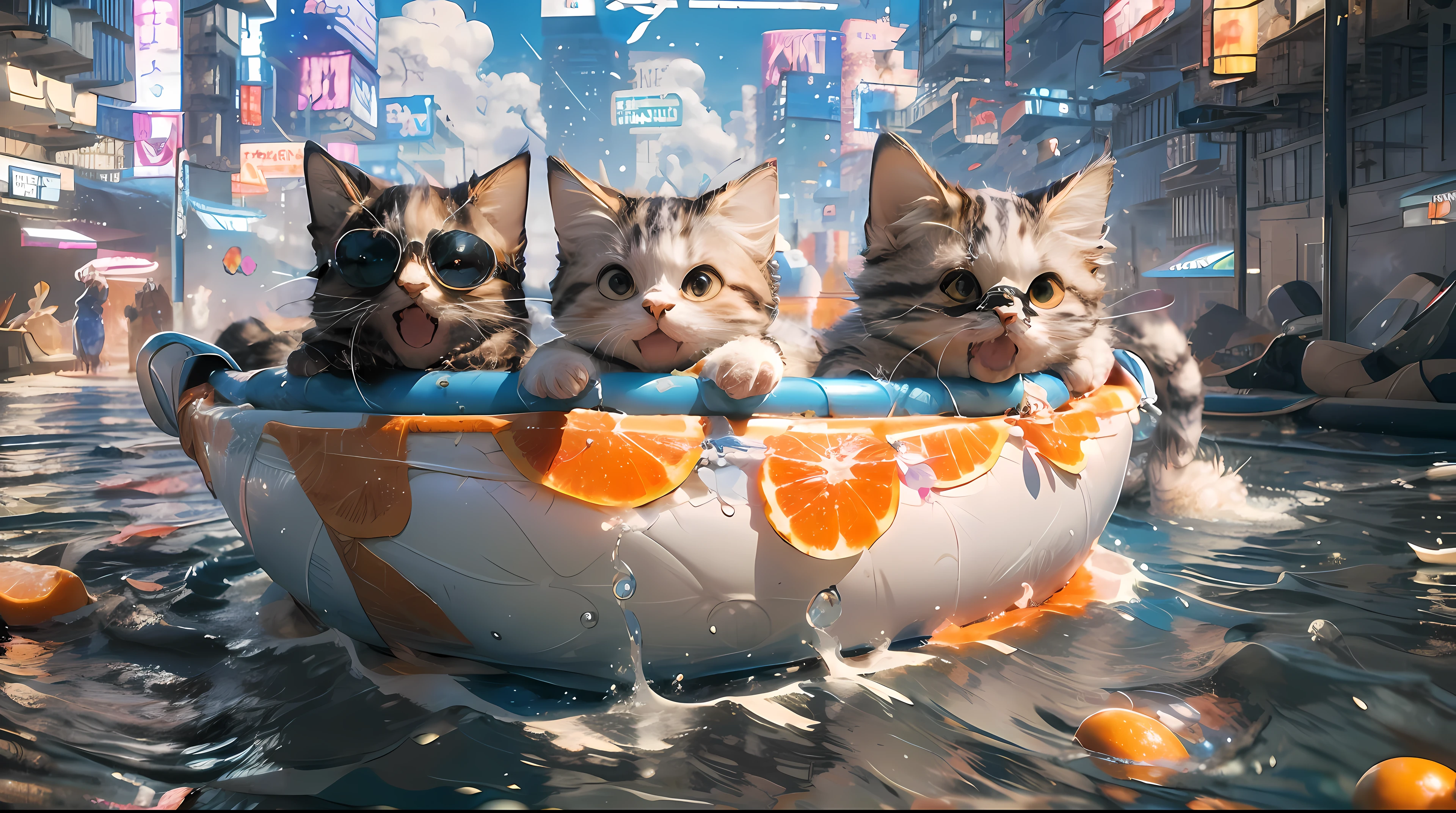 (Masterpiece:1.2, high quality),cat,ocean ball,watermelon,swimming,boat,cute,(orange and white short hair),future structure,cyberpunk city