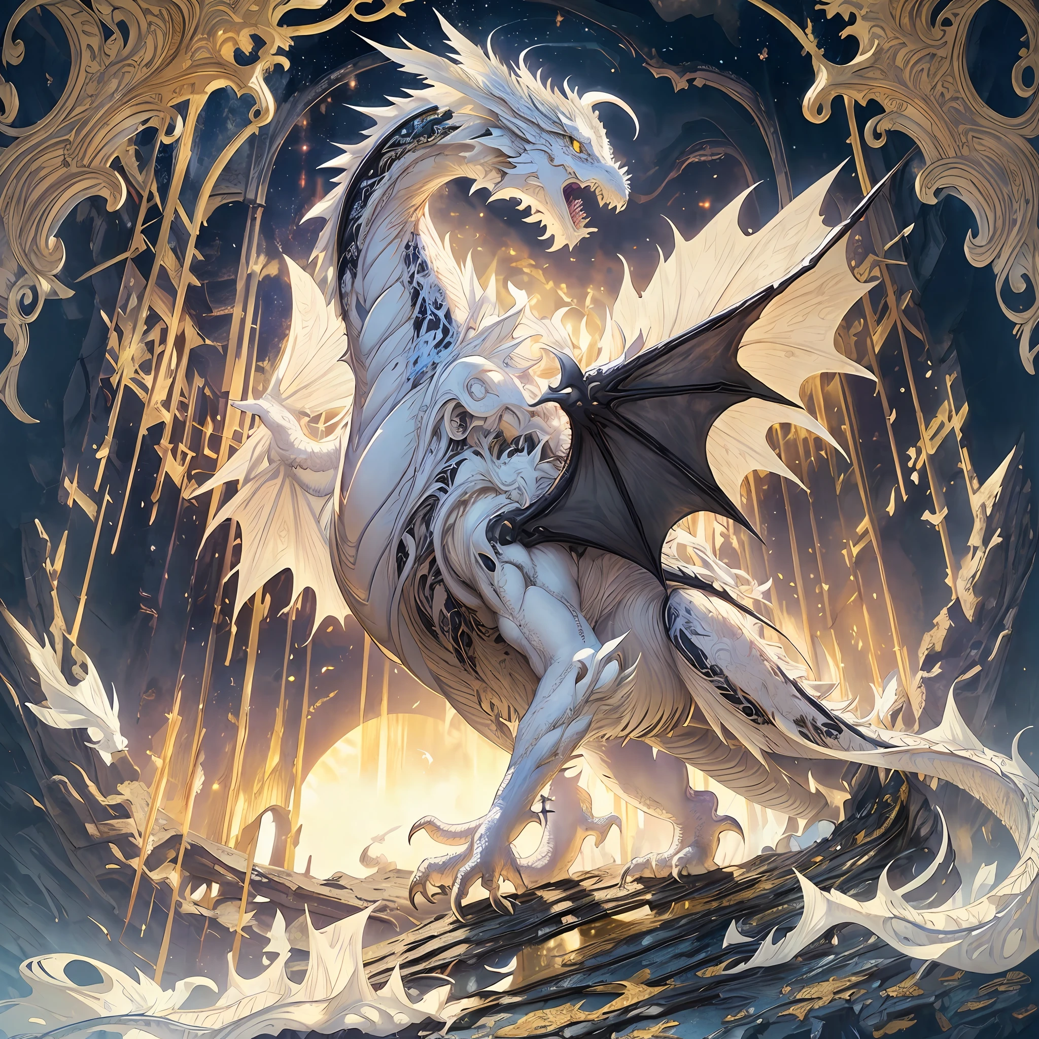 (Legendary White dragon), Crane, (A Divine Dragon), Dynamic Body Type, Dragon Monster, Handsome, Splashed Ink, ((Full Body)), ((2D)), glowing wings, Delicate Silhouette, Fantasy Art, (Black and Yellow Antique Brocade Hanfu), FOV, (Masterpiece), Front Shot, Side Portrait, White Background, (Movie Poster), Sharp, Splash, Petals, Empty, Sky, (Wide Angle Lens), Vista, highly detailed, shadowverse style