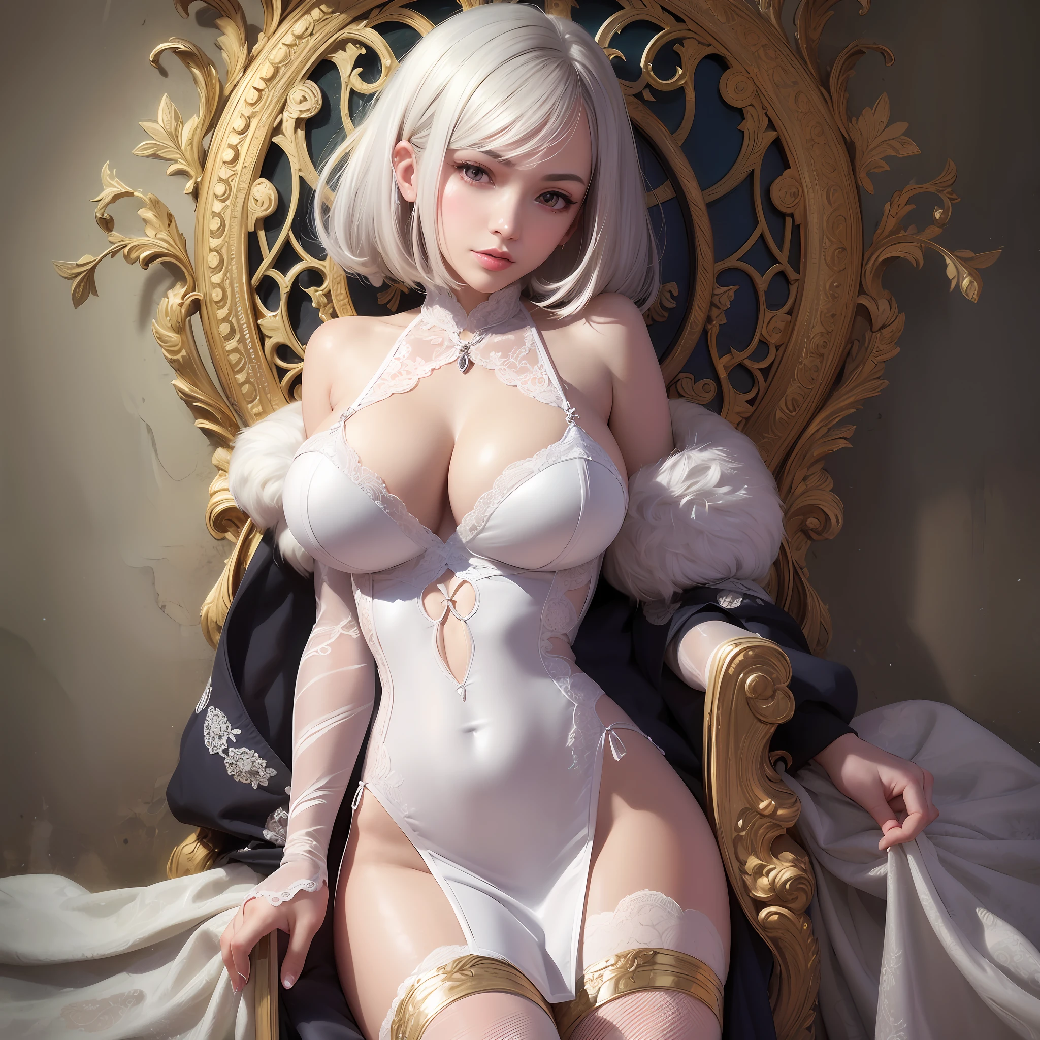High resolution, Highest Quality, ultra-quality, Super Detail, A hyper-realistic, Photorealistic, anime, manga, illustration, animification, Portrait, super cute woman, Flowing layered messy silver short bob, Big, shining golden eyes, Mysterious, Enchanting, Seductive moist lips, Huge breasts, great proportion, perfectly proportions, slender, Full body, White mini cami dress with floral wide open chest