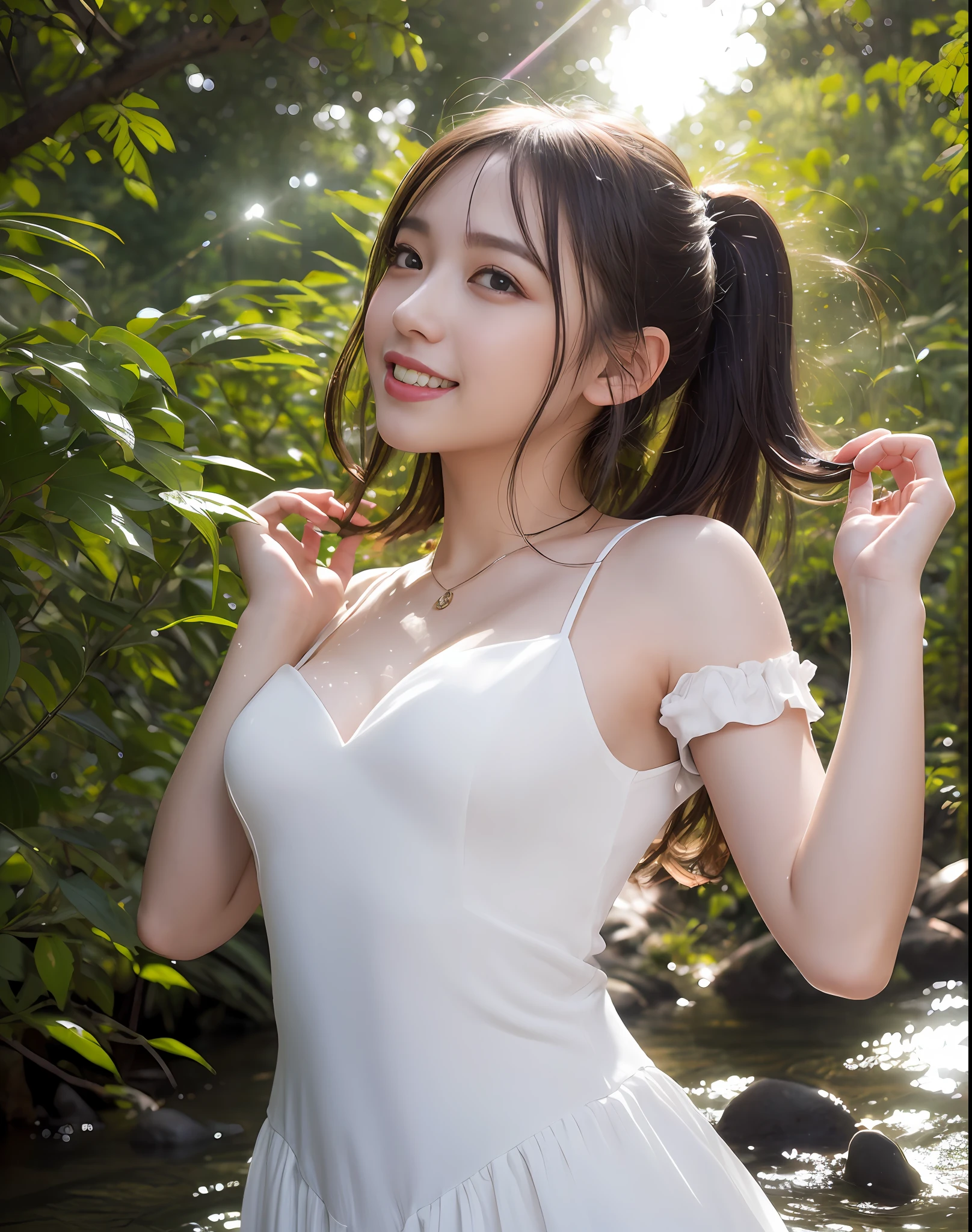 ((1 person)),((Photorealistic))), ((AKB 48))), (Full body photo)), showering light, looking up at the sky from below, twilight, facing away, (((lens flare)))),((Backlight)), (in the forest),((clear stream deep in the dark mountains)),((Rock in the background)),(Smiling)),(NIKON Z))), ( 19 years old))))),((((Small bust)))), (((White dress))(Pore feeling))(Photorealism:6, Realistic)),(Sideways and turning around pose)),Perfect chest shape, bare buttocks, side ponytail, ribbons, hair ornaments, pale skin, looking at the viewer, small waist