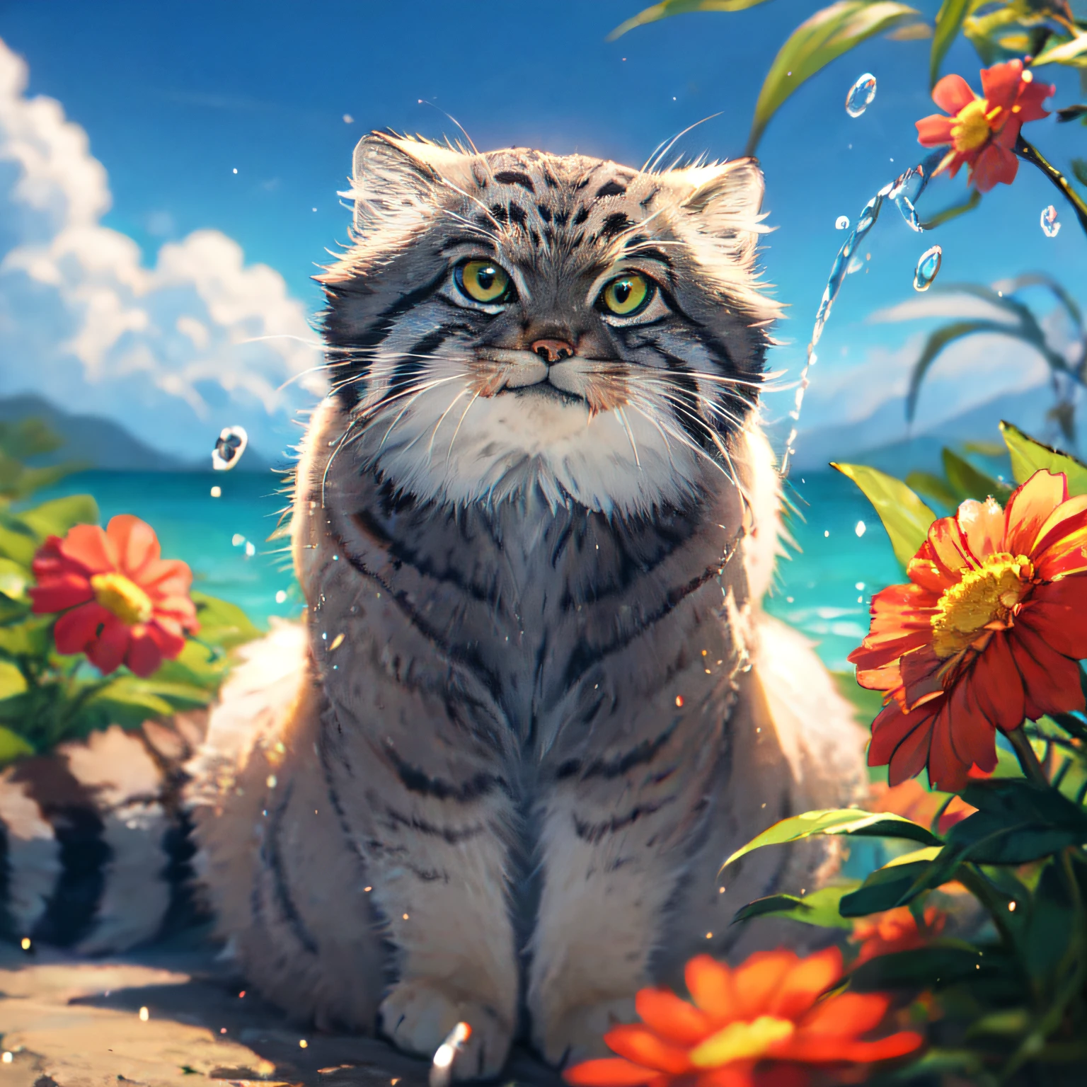 best quality, highres, masterpiece, manul, manulcat, pallascat, sitting, looking at viewer, surrounded by flowers, wind, water splashes, summer,