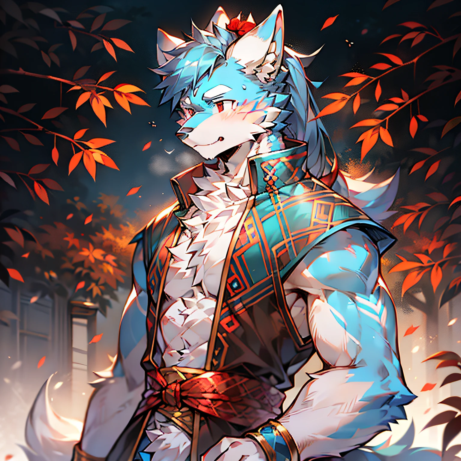solo person，Twine binding，werecreature，Male white wolf，Blue fur，Blue tail，White ears，Blood-red eyes，Hanfu，musculature，male people，Handsome，（The furry feeling of animal ears），Maple leaves fall，autumnal，High ponytail，Ancient wind，Bangs in the middle
