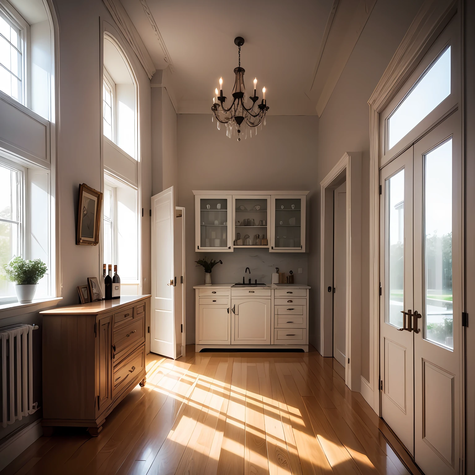 There was a bottle of milk，European and American furniture，Modern renovated interior，Light enters the room, which is very beautiful and bright
