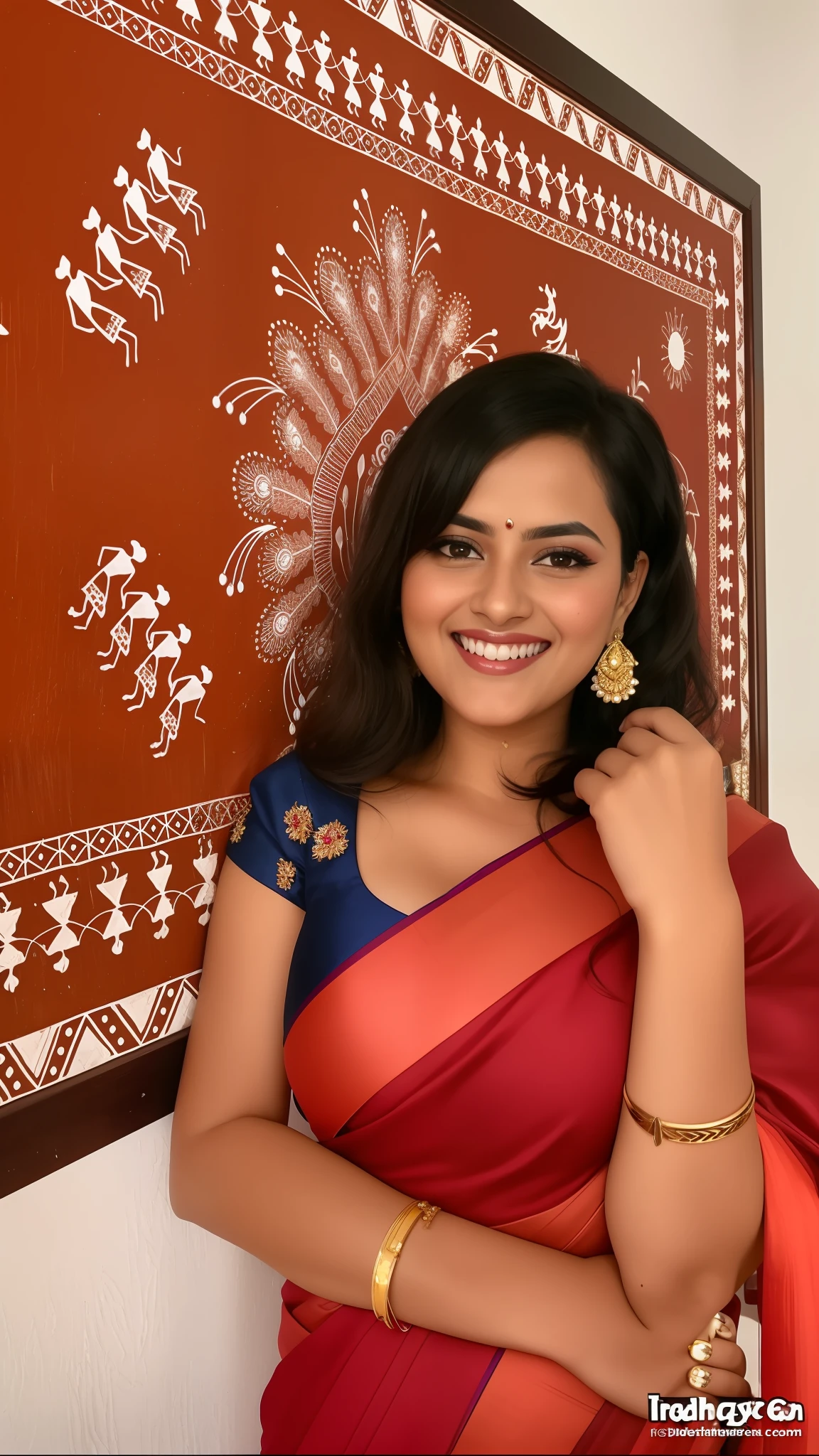 a close up of a woman in a red sari posing for a picture, traditional beauty, very big boobs, bikini, deep cleavage