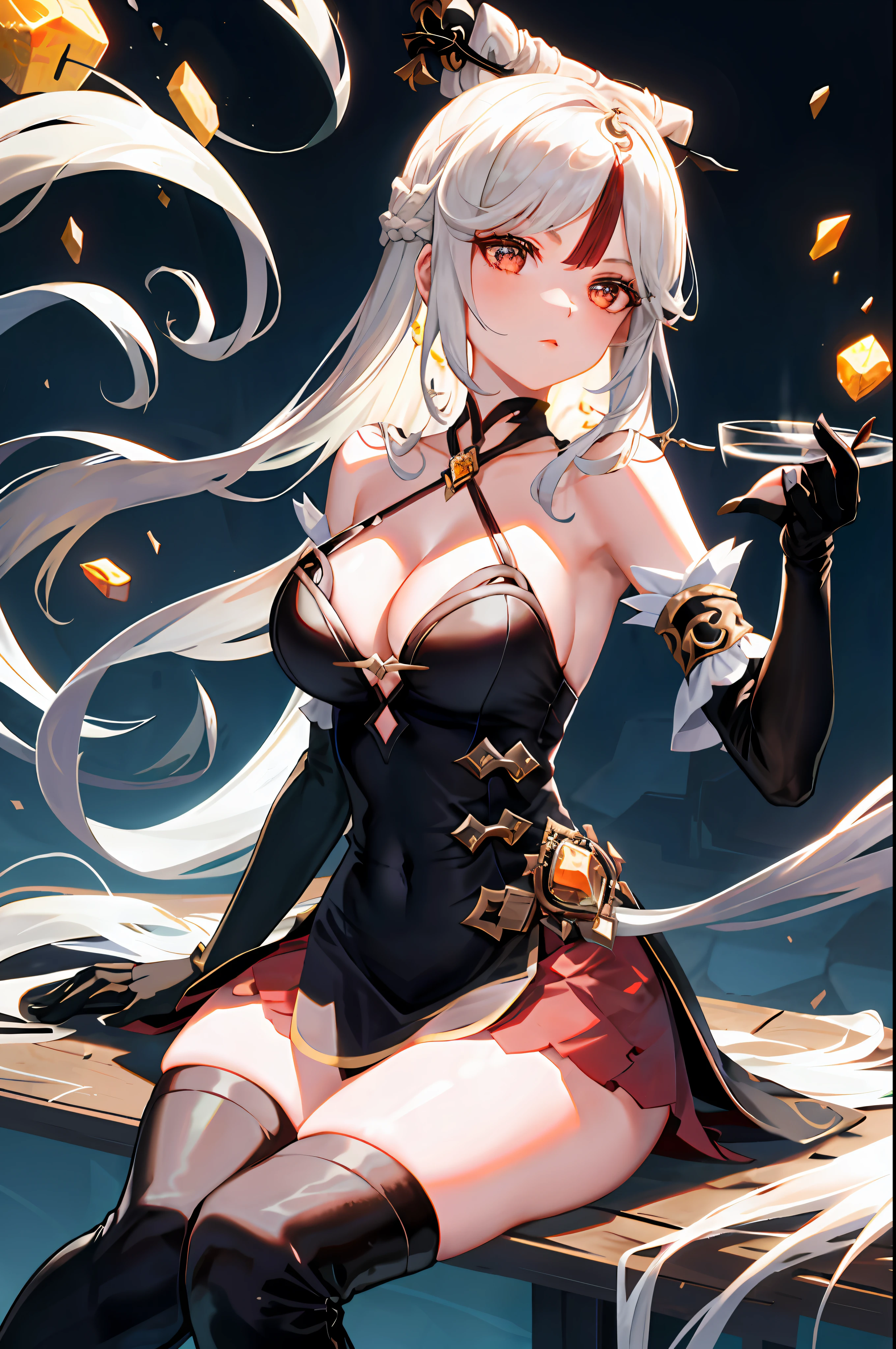 Ningguang, genshin impact, 1girl, alcohol, alternate costume, armlet, bare shoulders, black background, black dress, black gloves, black thighhighs, breasts, cleavage, criss-cross halter, cup, dress, drinking glass, flower, gloves, gradient background, hair between eyes, hair ornament, halterneck, holding, holding cup, large breasts, long hair, braid hair, looking at viewer, silver hair, silver short nails, see-through gloves, solo, thighhighs, thighs, wine, wine glass, ((masterpiece)) black pleated skirt, sitting,