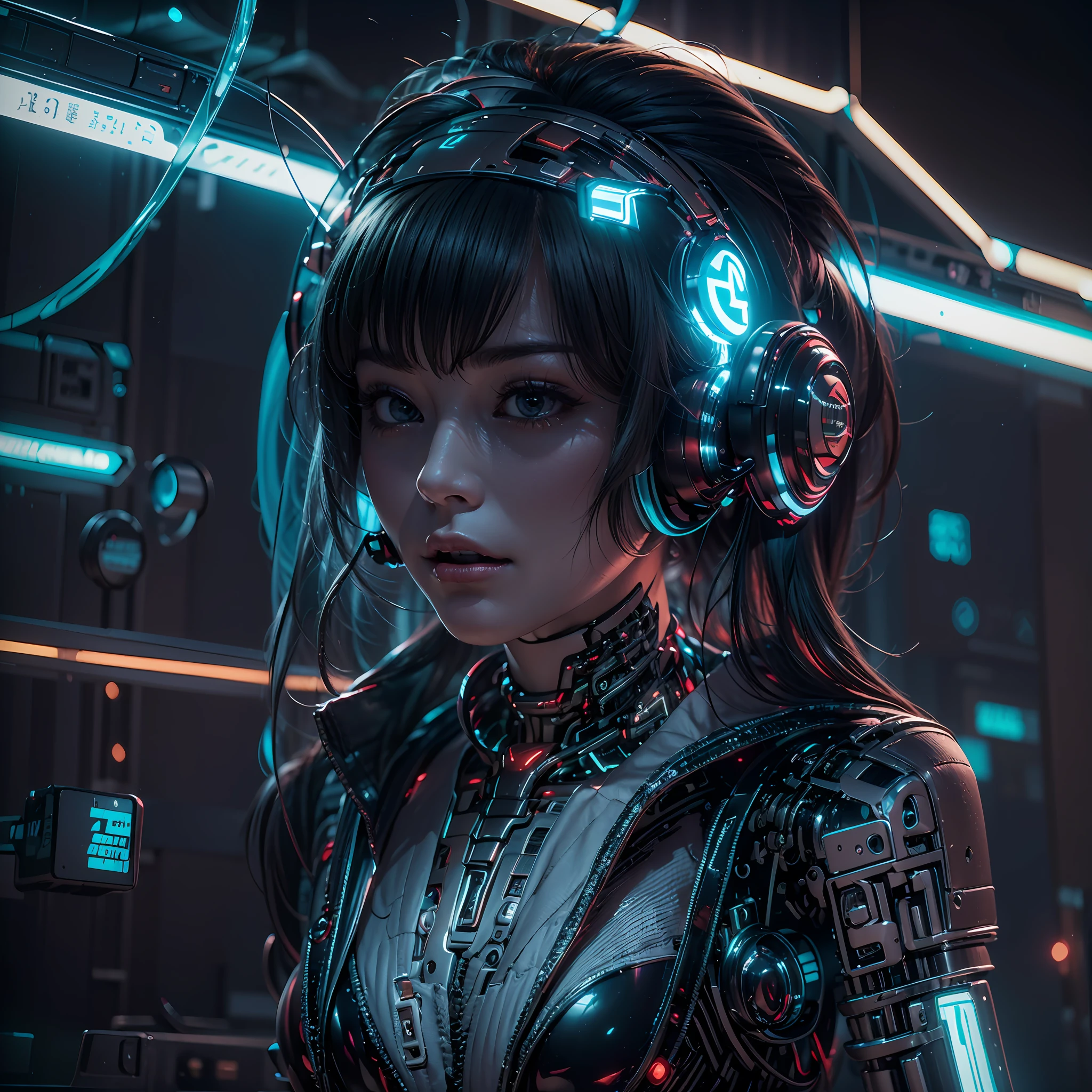 1girll，(cyber punk perssonage:1.3)，Bring headphones，Illuminated helmet and headphones，glowing jewelry，Glowing earrings，Glowing necklace，inside in room，Electronic wire background，best qualtiy，tmasterpiece，Movie filter presets，movie level lighting，c4d渲染，rendering by octane，with light glowing，(full bodyesbian:1.5)，slender leg，perfect foot，High chiaroscuro，