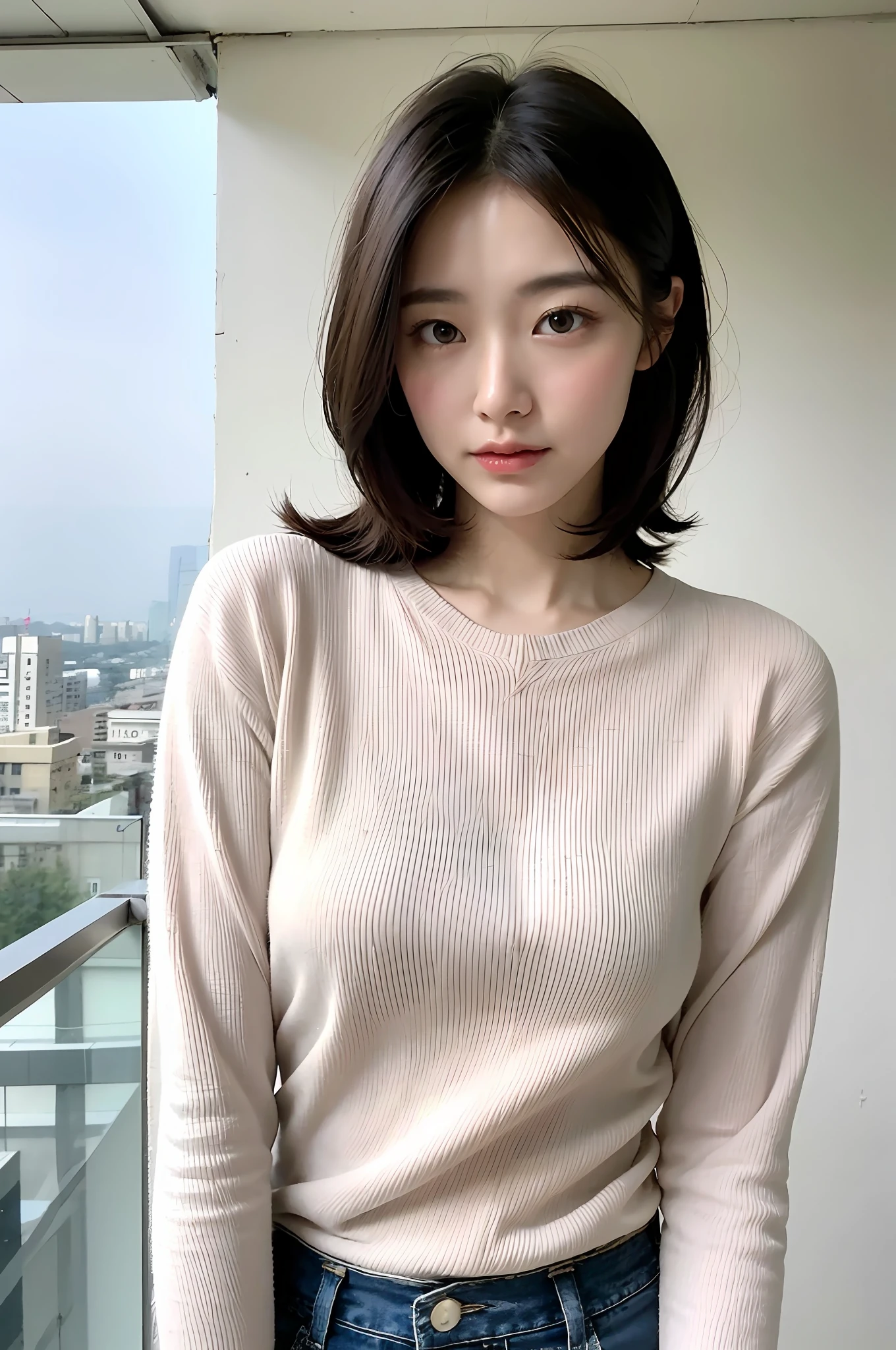 On the roof of a high-rise building、Gesture of grabbing hair with both hands、hurrah、
