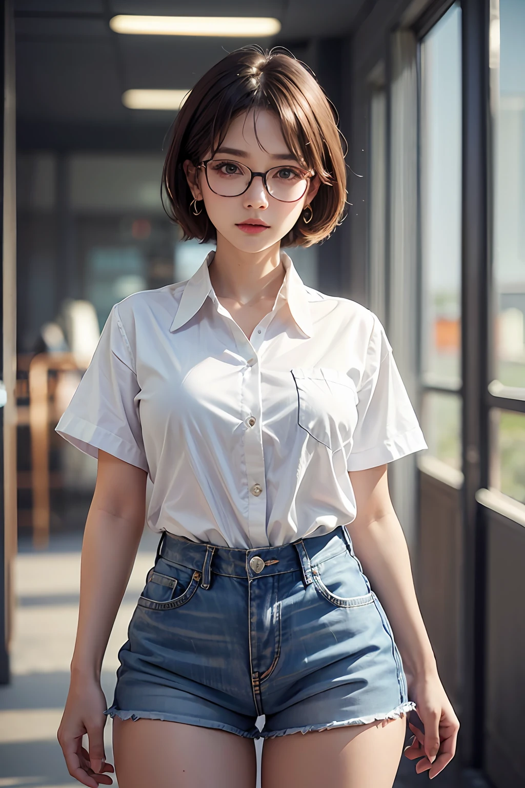 Female office worker on a casual day, 1girl, short hair, eye glasses, earring, ((white shirt)), ((cowboy short:1.4)), ((hyperdetail uniform)), sharp, masterpiece, UHD, textured skin, best quality, 8k, highres, anatomically correct, UHD, masterpiece