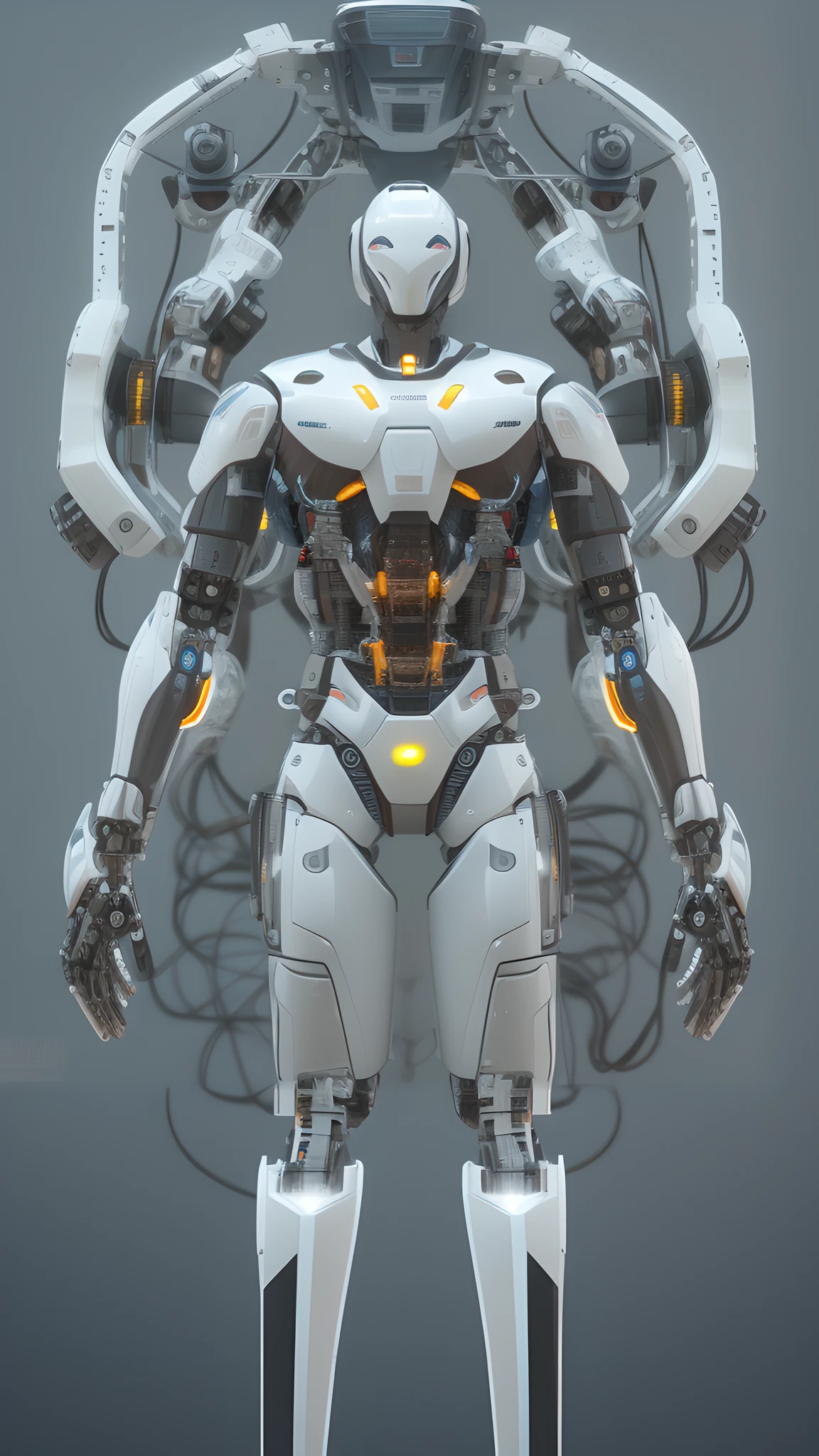Close-up of a robot with a glowing body and a head, symetry! futuristic robotic, Futuristic robot body, futuristic robotic, in white futuristic armor, portrait of a futuristic robot, lots of 3 d cyborg elements, mech robot futuristic, White robot, robotic body, symetry!! portrait of cyborg, anime robotic mixed with organic, robot cyborg, cybernetic and highly detailed