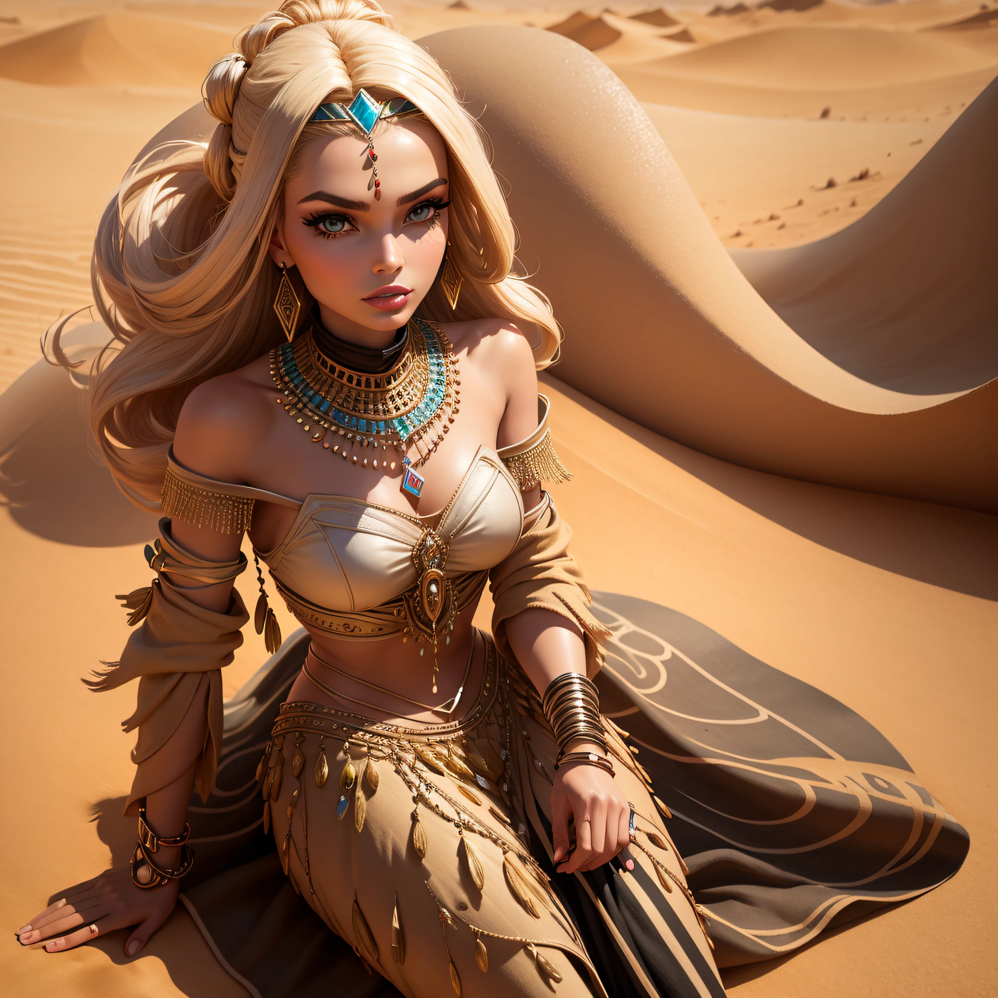 Imagine Barbie as a chic nomad, atravessando a vasta paisagem do deserto nas costas de um camelo. Adornada em intrincados trajes do deserto, She navigates sand dunes and oases, synthesizing grace and style in the arid desert.