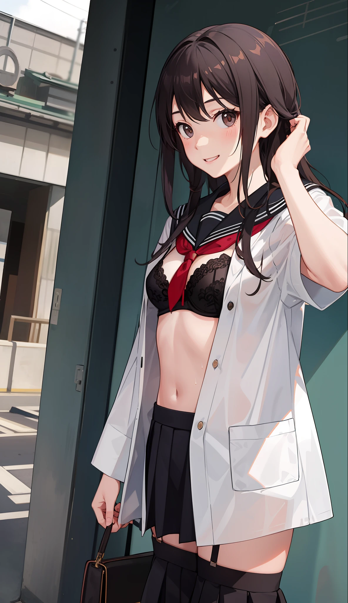 1girl in、a smile、The shirt、skirt by the、（small tits）Chilarism、Japan High School Student Uniform、serafuku、summer clothing、Squall-soaked uniform、Sheer bra、（Upper body portrait）、