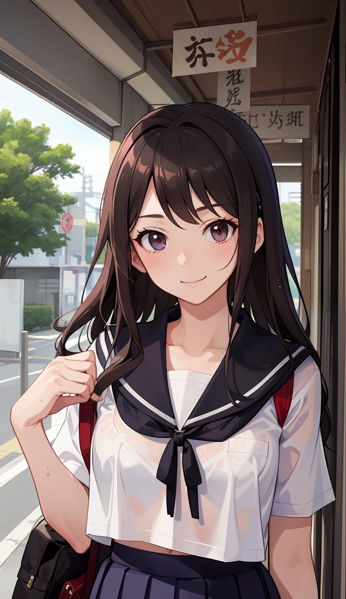 1girl in、a smile、The shirt、skirt by the、(small tits)Chilarism、Japan High School Student Uniform、serafuku、summer clothing、Squall-soaked uniform、Sheer bra、(Upper body portrait)、